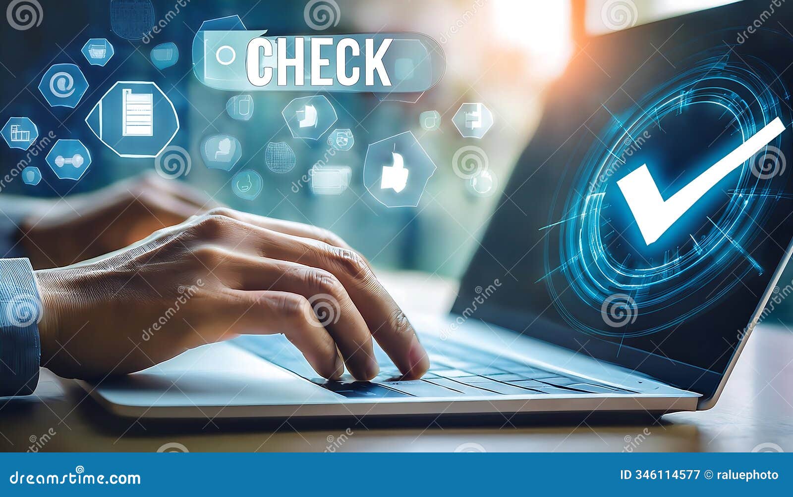 a person hand is typing on a laptop with a digital display showing the word check and related icons