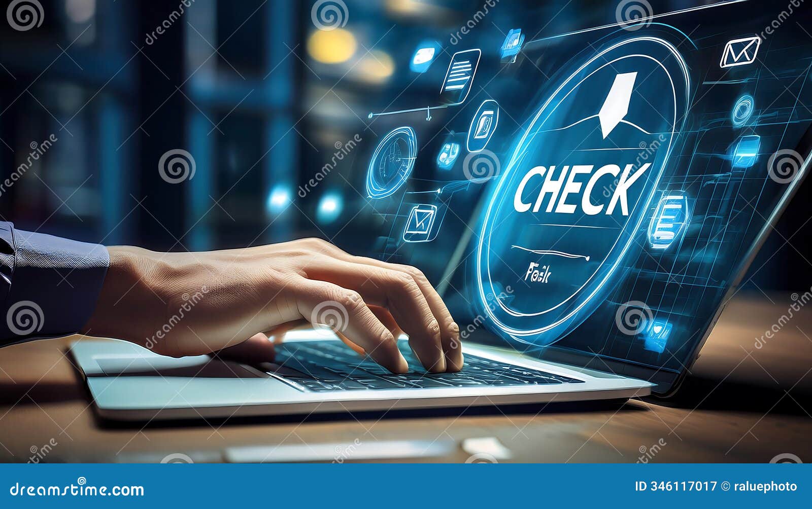 a person hand is typing on a laptop with a digital display showing the word check and related icons