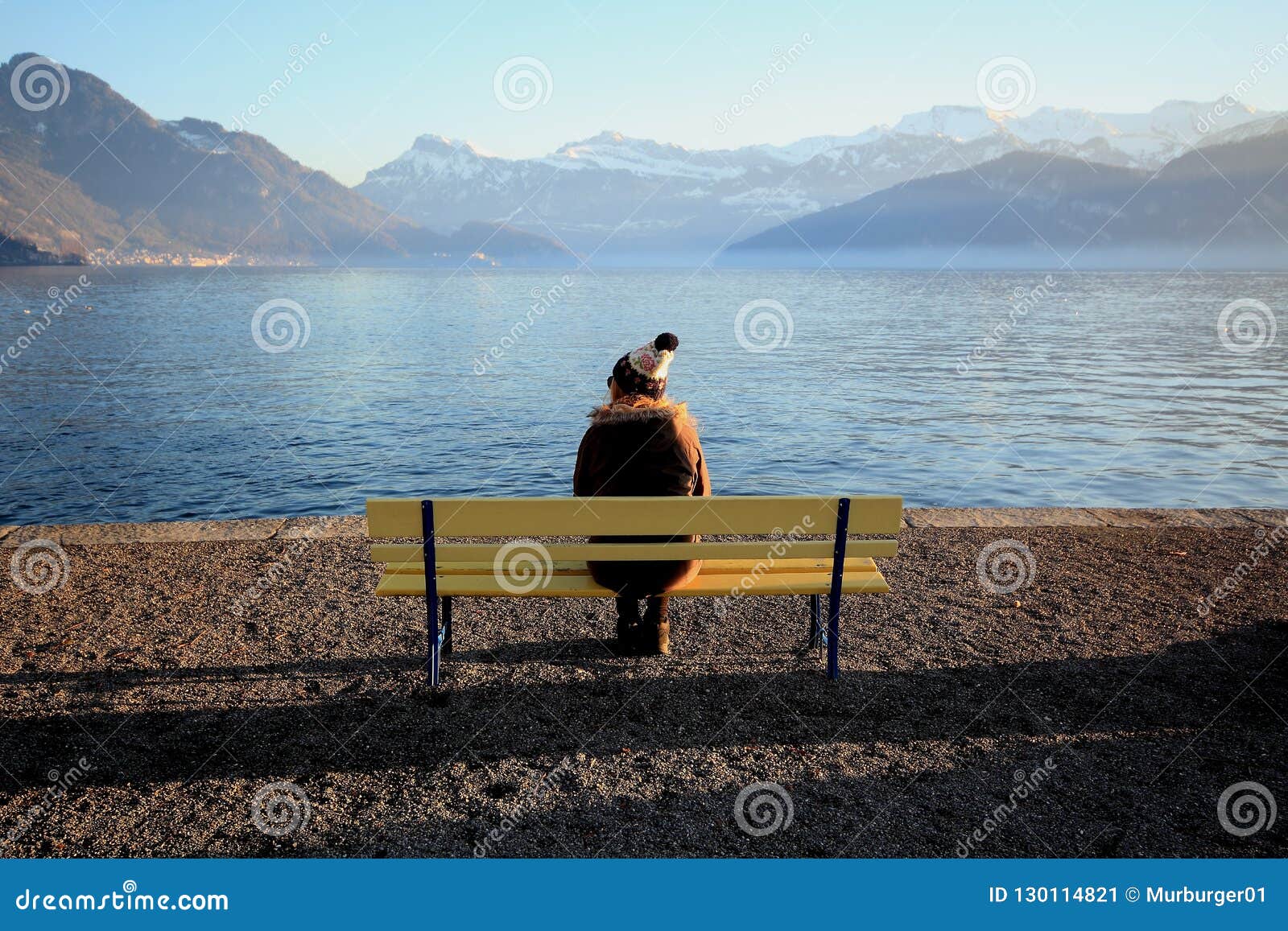 a person looking at the mountains and a lake