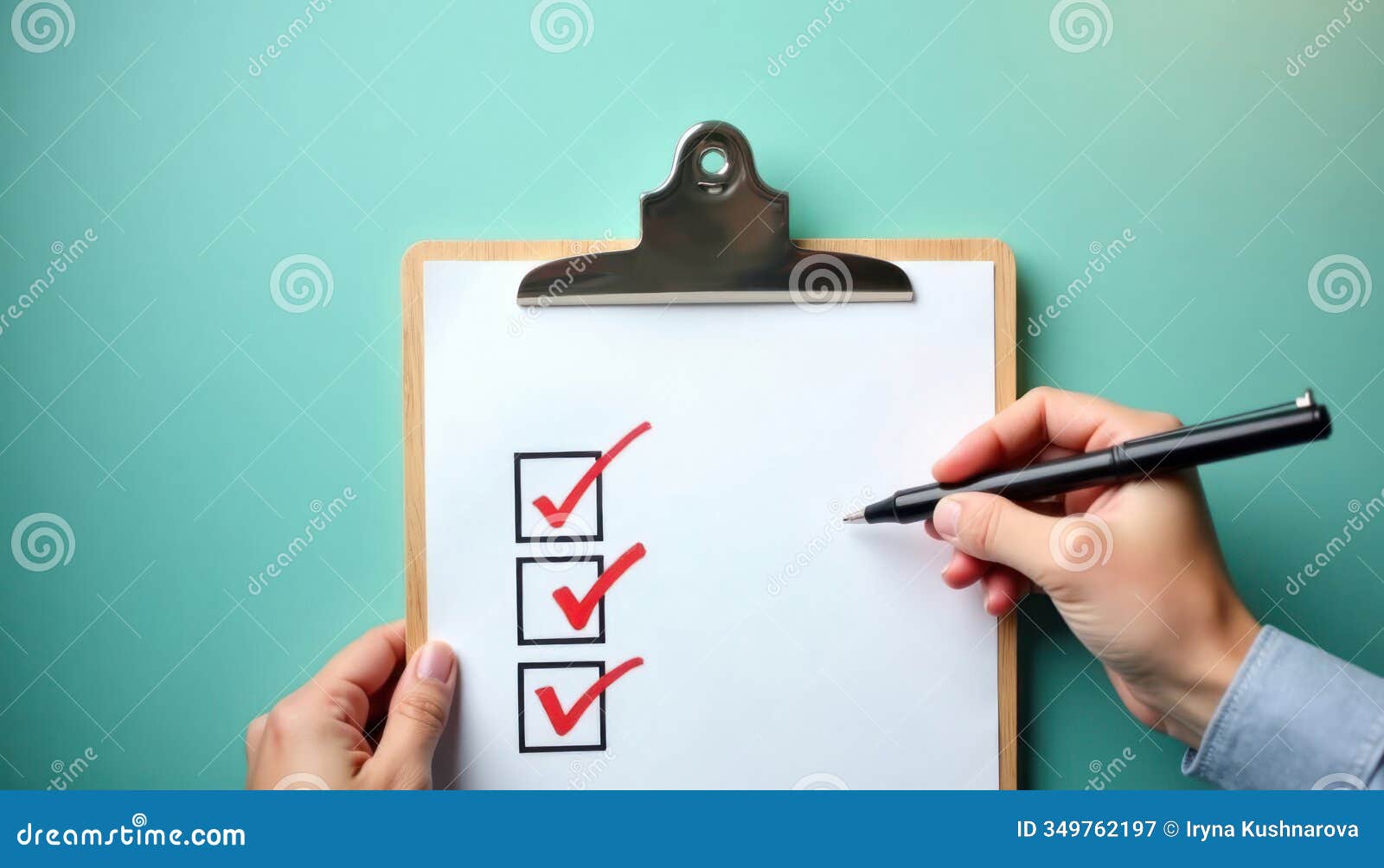 person marking checklist on clipboard. hands hold clipboard with tasks. red check marks show progress. simple task management.