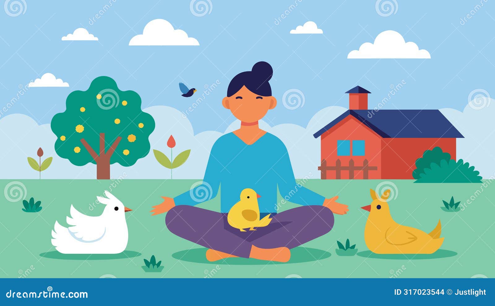 a person peacefully meditating in their backyard surrounded by their pet chickens who strut around and peck at the