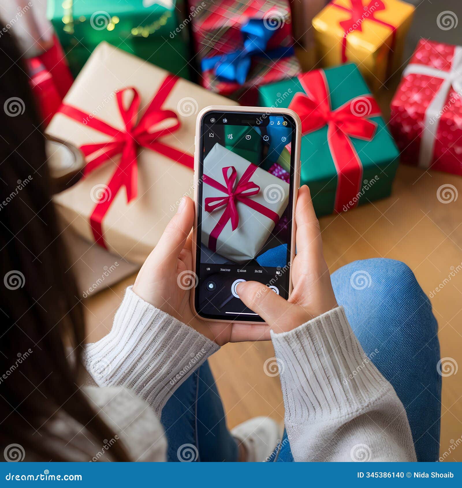 photographing red gift with smartphone, festive presents create joyful indoor scene