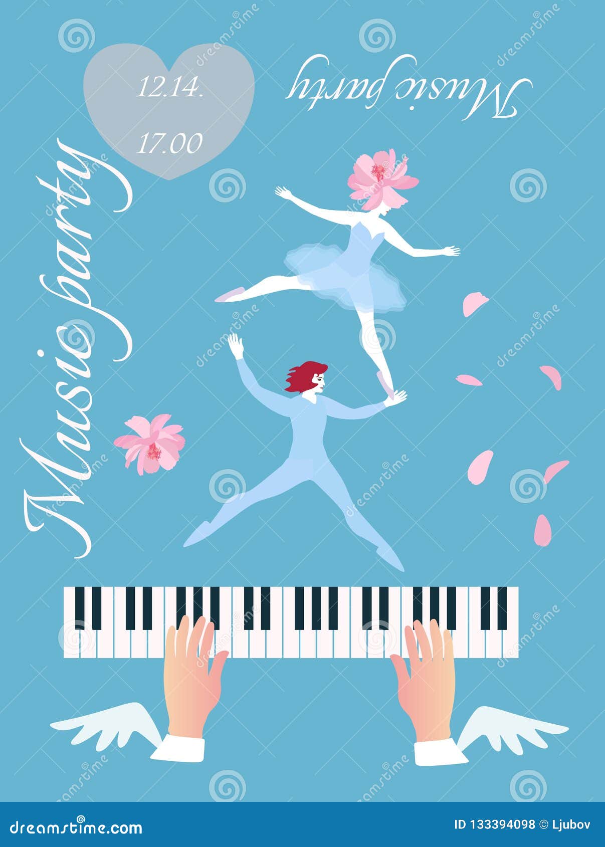 person playing on grand piano. hands with wings and little dancing fairy and elf on scy blue background in .