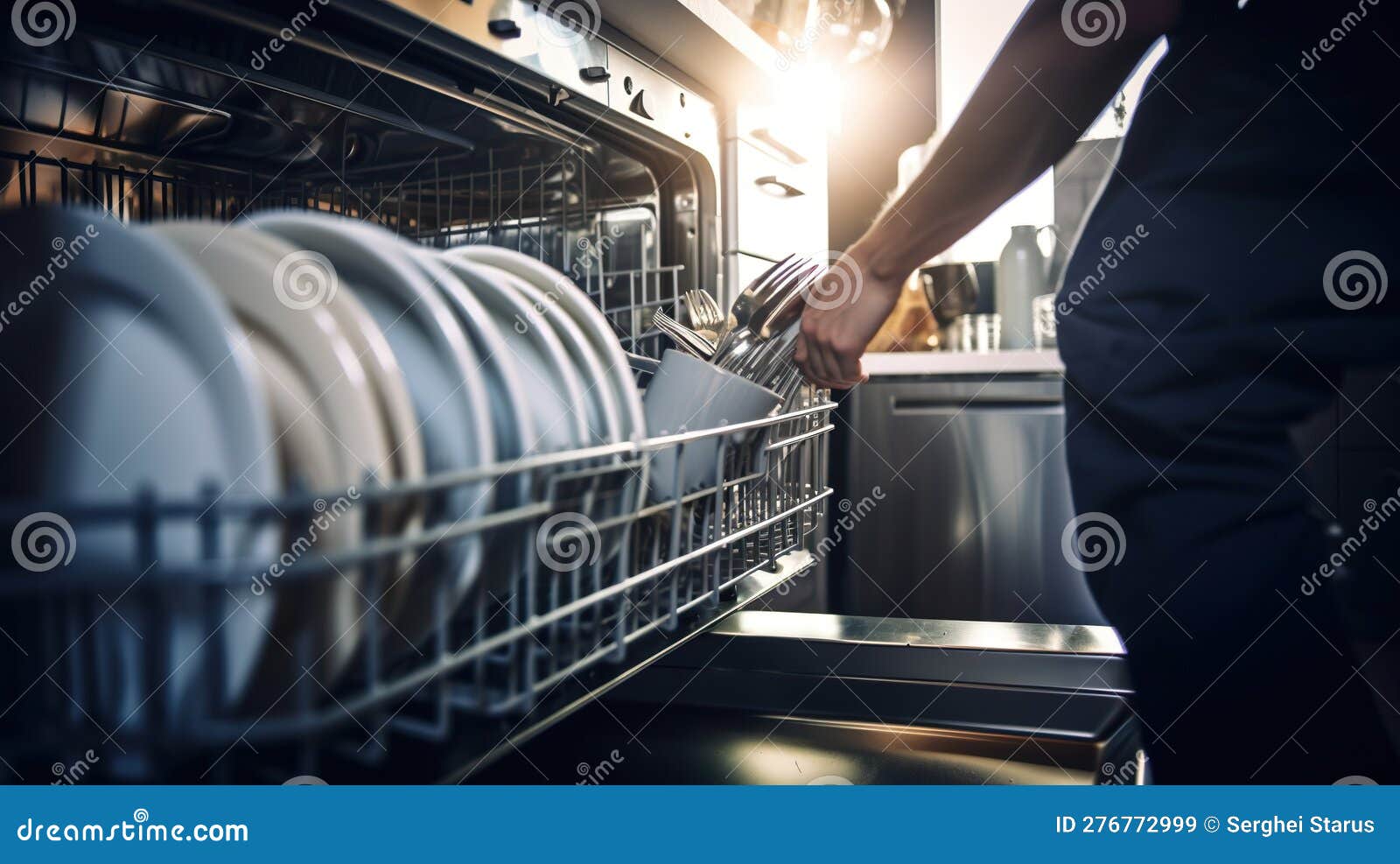 A Person is Putting Dishes in a Dishwasher. AI Generative Image. Stock