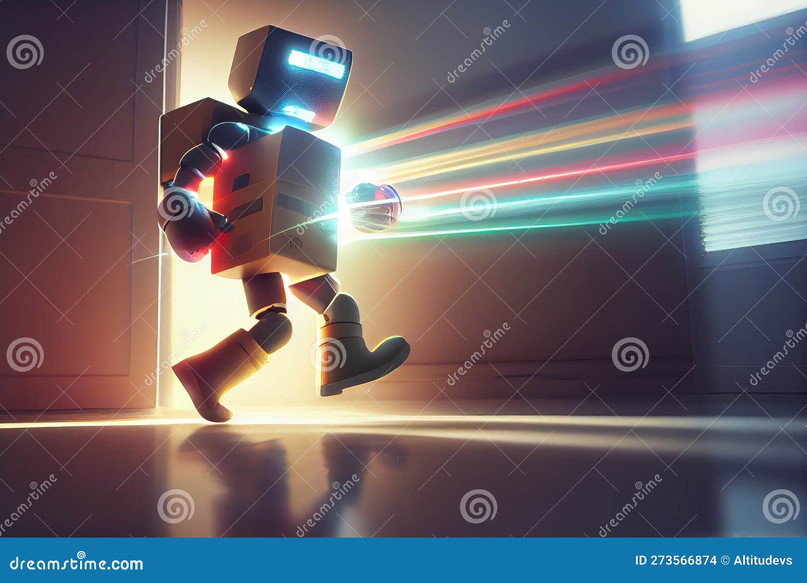 person, receiving urgent package from robot courier with flashing lights and beeping sounds