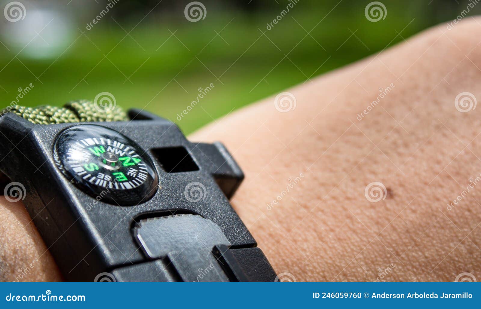 person's hand with compass in the forest