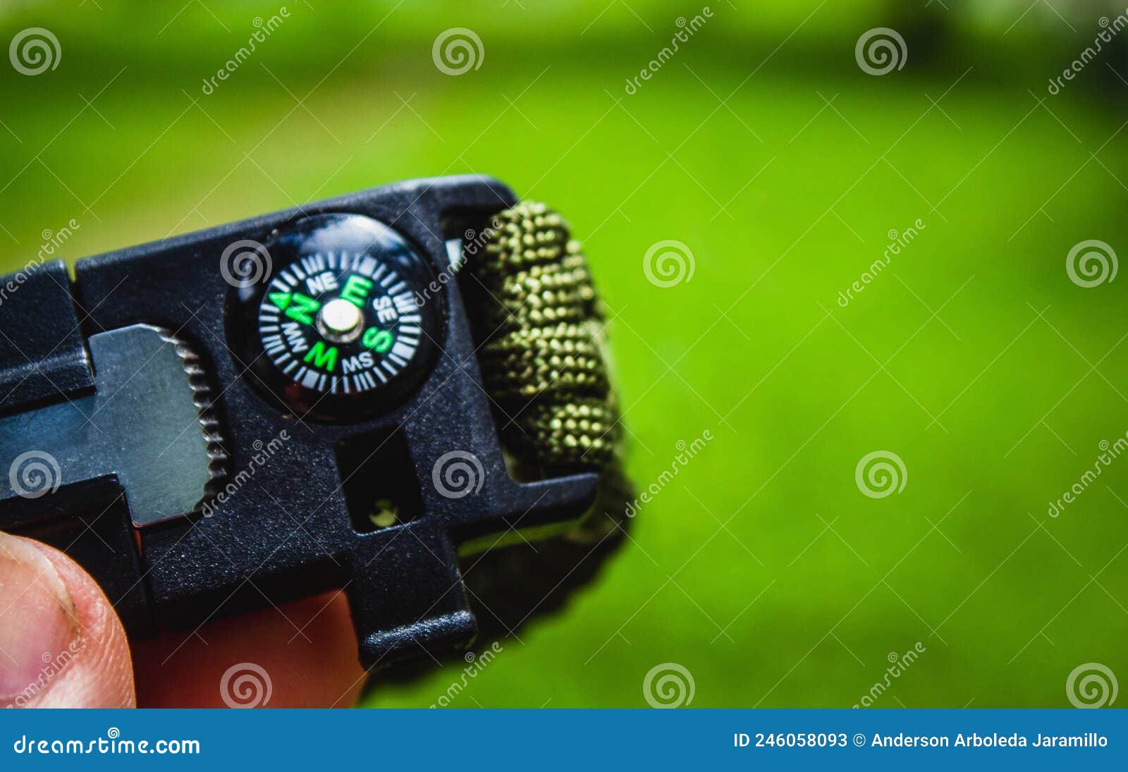 person's hand with compass in the forest