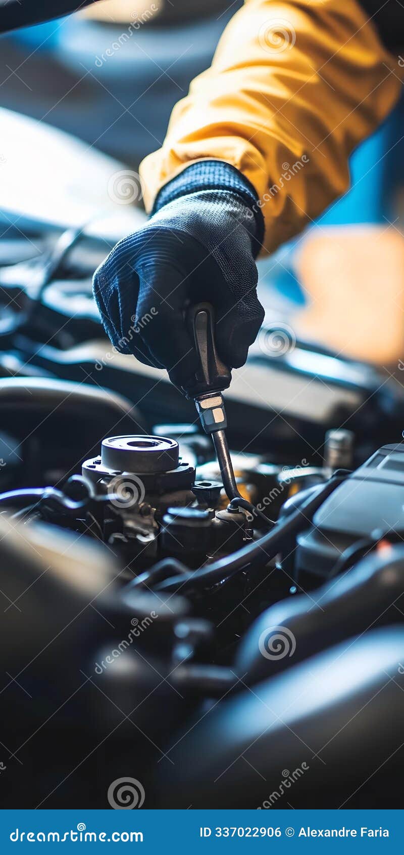 person's hand working on car engine in garage setting