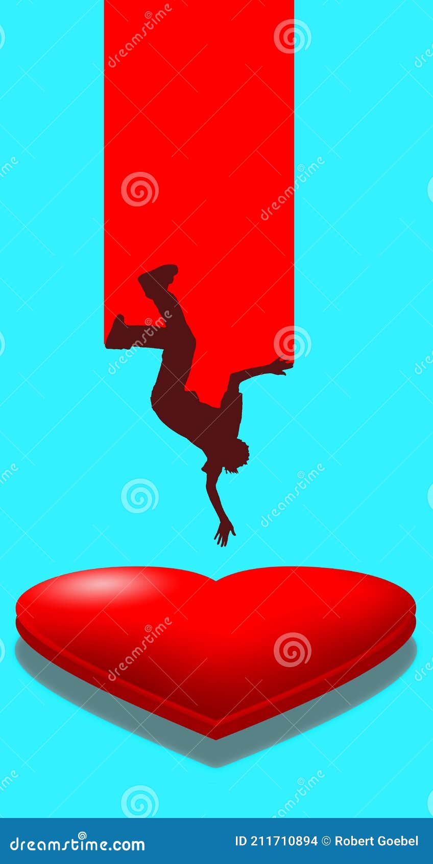 a person is seen falling upside down and his headed for a soft landing on a pillowy heart