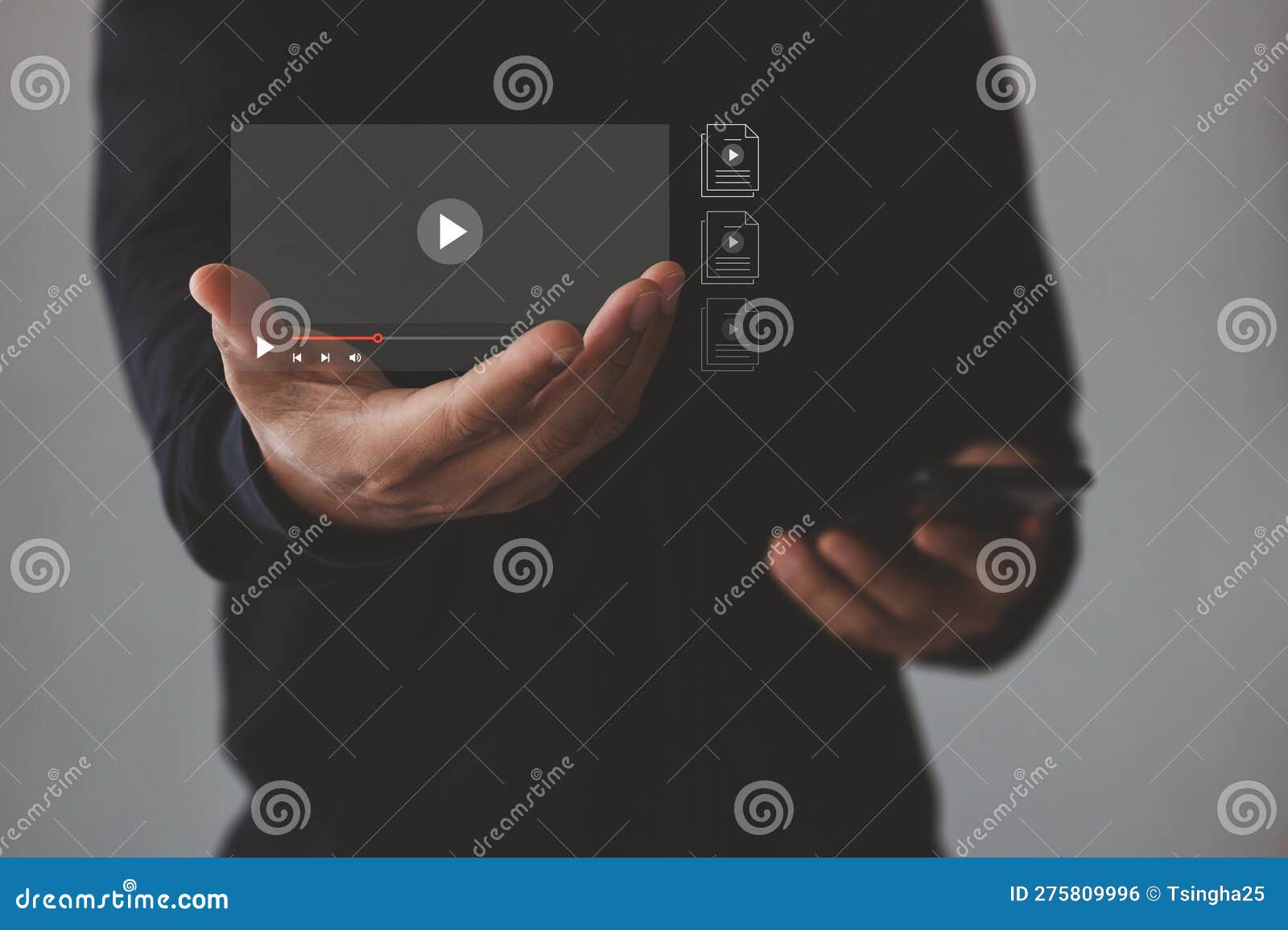 Person Showing Video on Virtual Screen To Watch Online VOD Streaming of Movie, Stock Photo