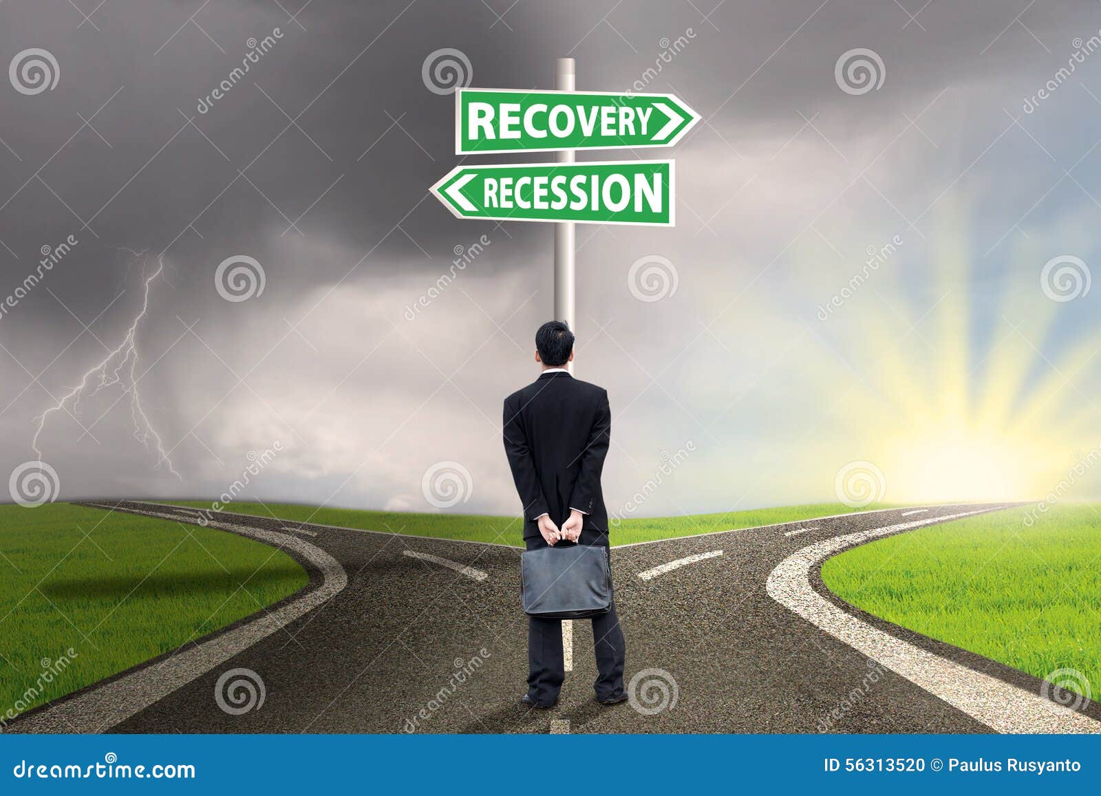 person with signpost of recession and recovery finance