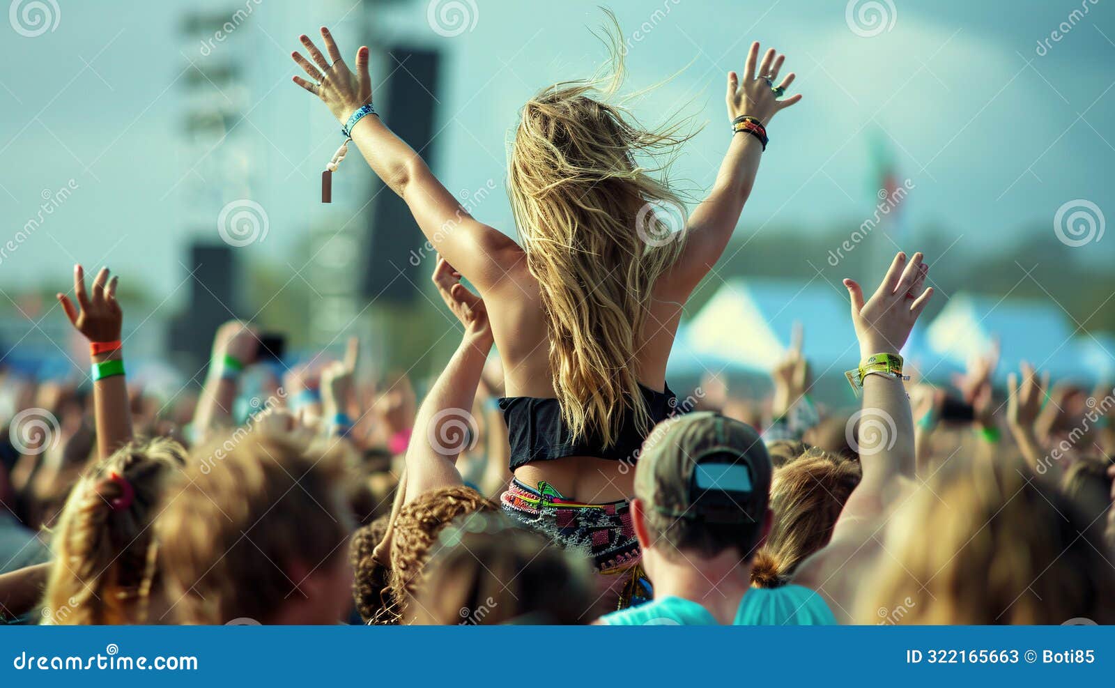 a person sitting atop someoneâs shoulders, their hands reaching for the sky at a summer music festival