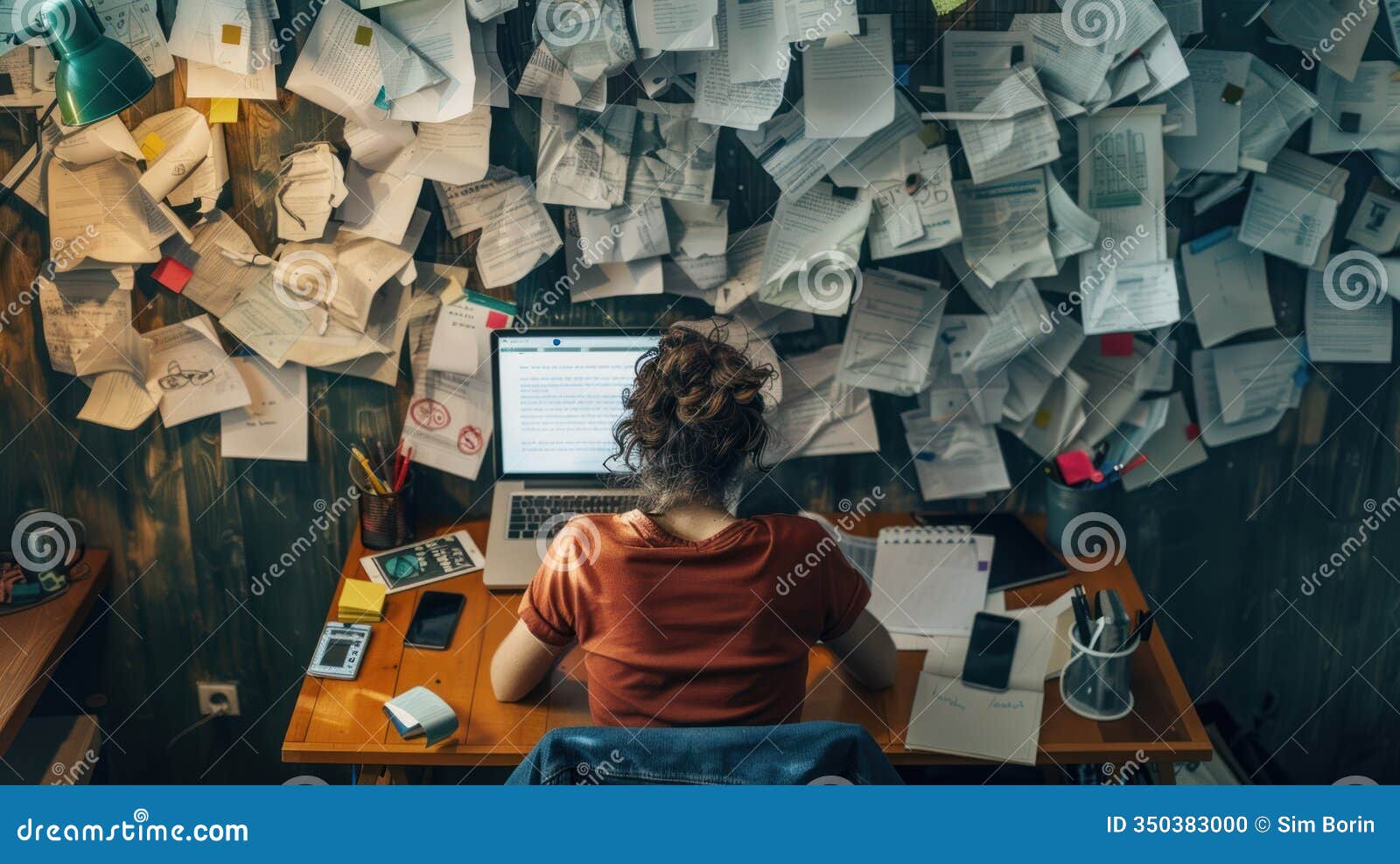 a person sitting at a desk with a cluttered workspace, surrounded