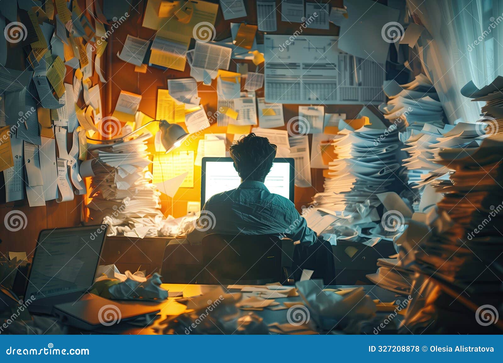 a person sitting frustratedly in a room full of messy data, with spreadsheets pinned to the walls and piles of papework on a desk