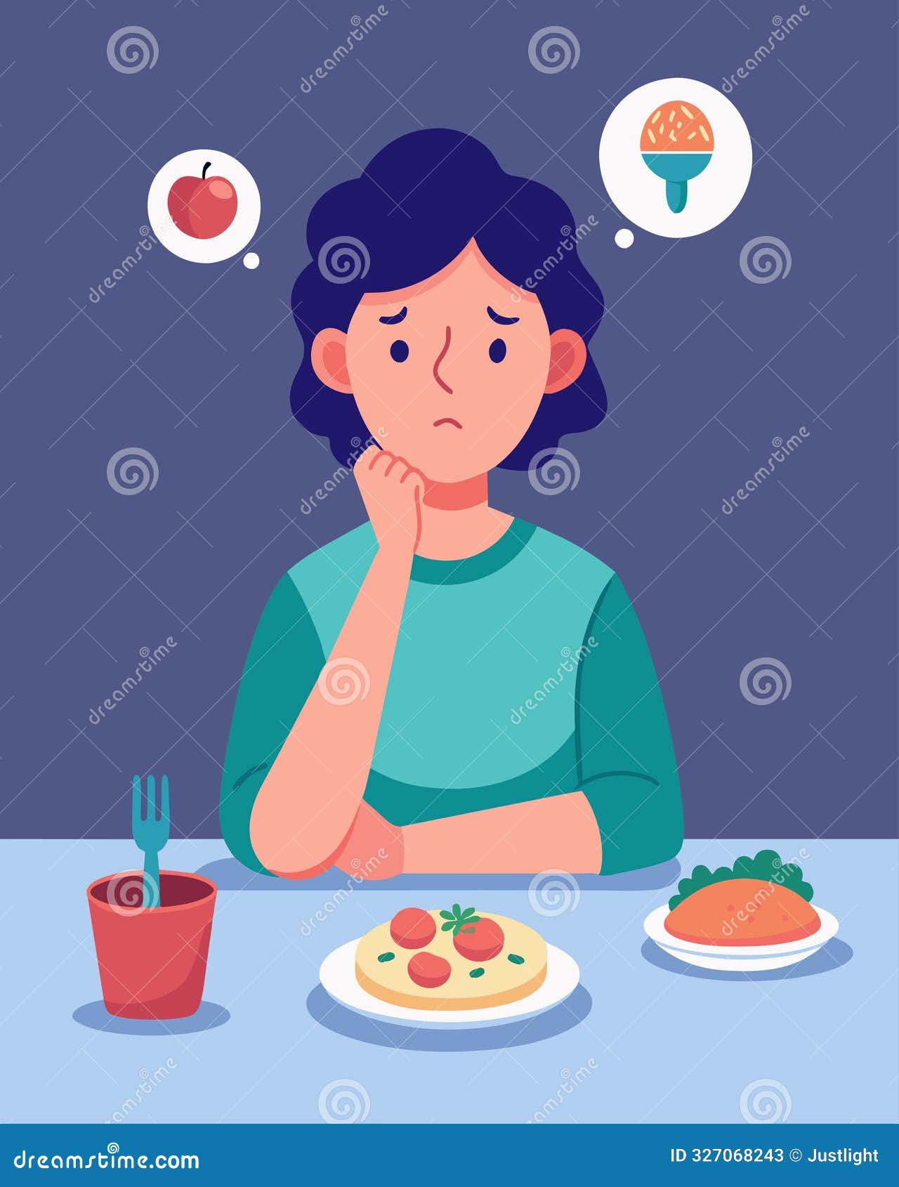 a person sitting at a table with two plates of food one representing their desires and the other their morals struggling