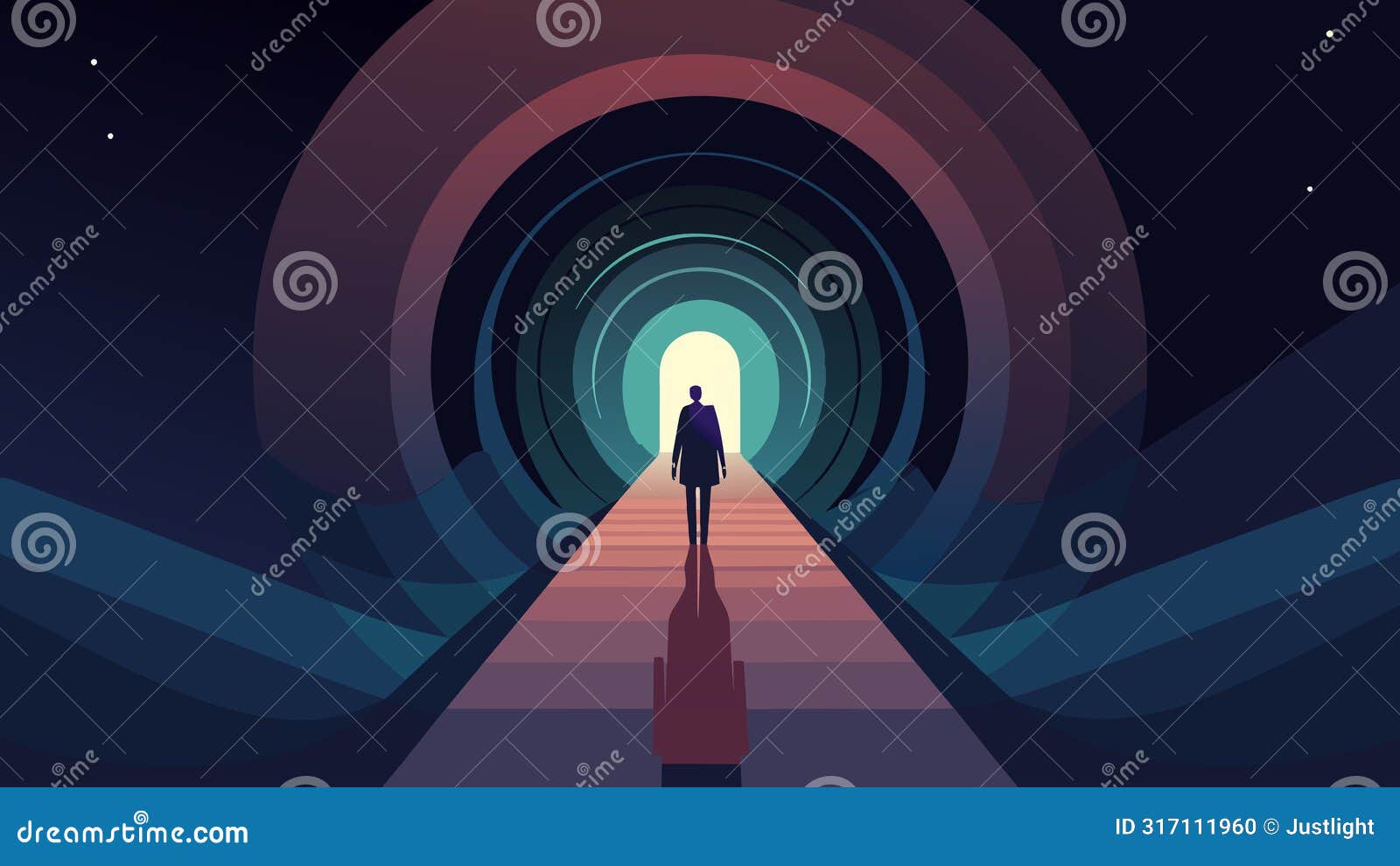 a person standing in a dark tunnel but with a faint glimmer of light at the end representing the stoic belief in finding