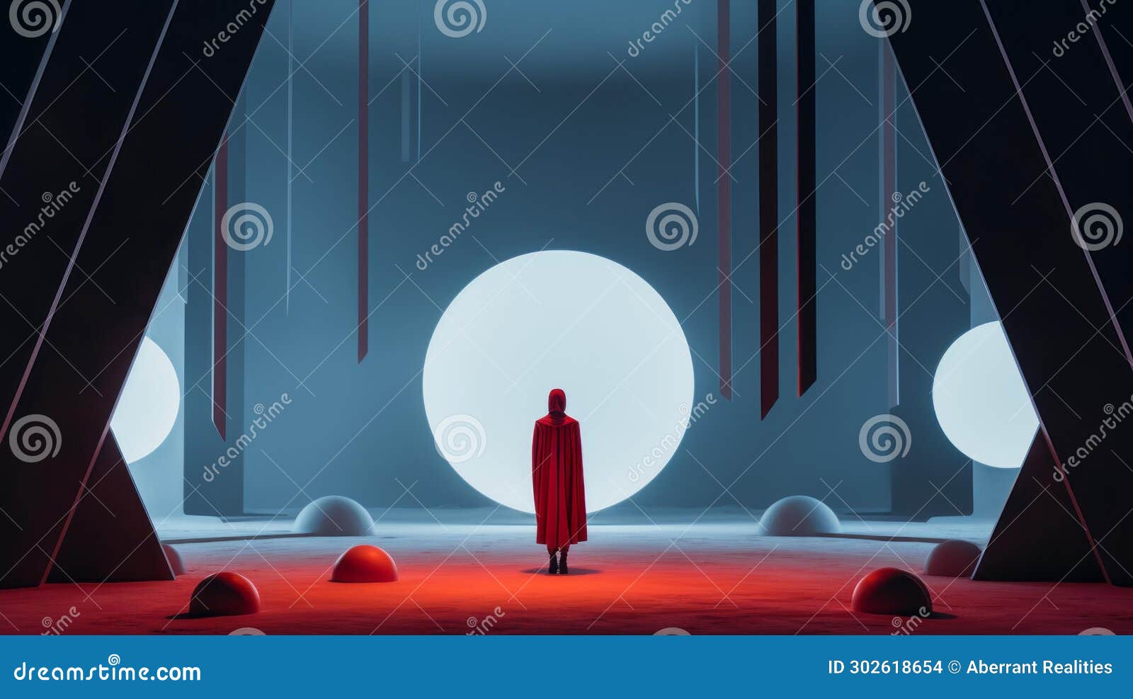 A Person Standing in Front of a Red Light in a Dark Room Stock