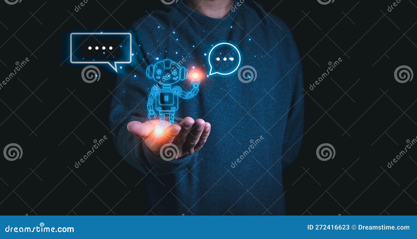 a person stretches out his hand with a model of a robot on his palm. demonstrates the use of ai and chat gpt systems to research
