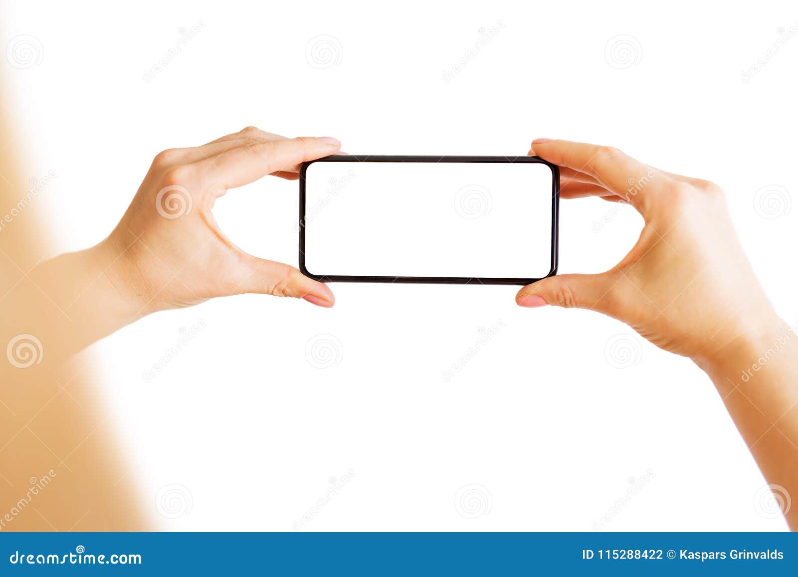 person taking photo with phone.  on white.