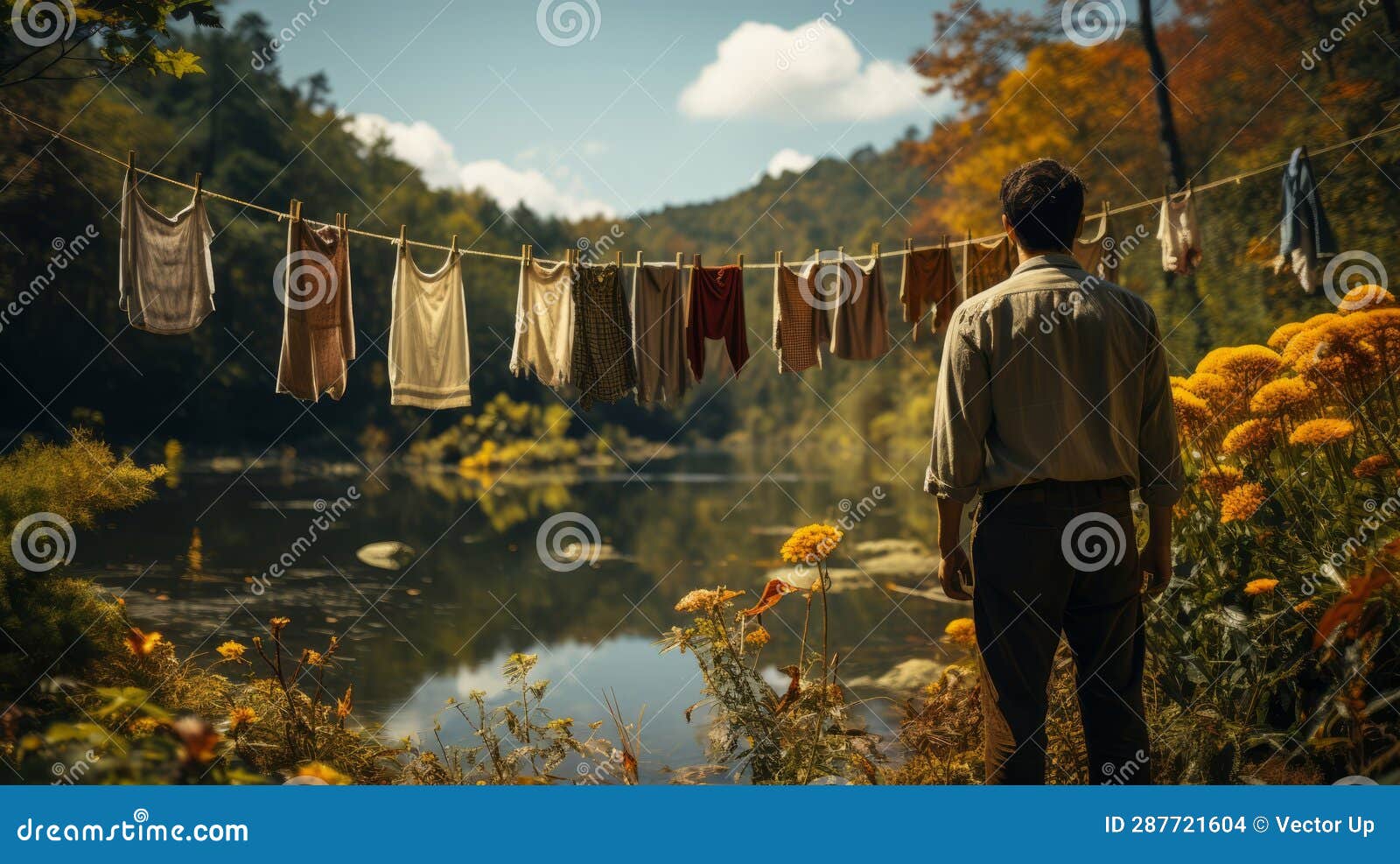 A Person Using a Clothesline To Dry Clothes. Generative AI. Stock Photo