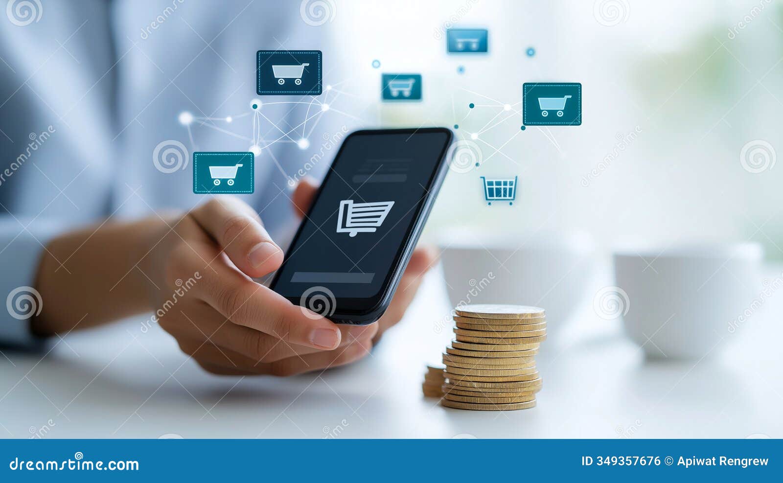 person using smartphone for mobile payments surrounded by digital shopping icons and coins represents modern e commerce