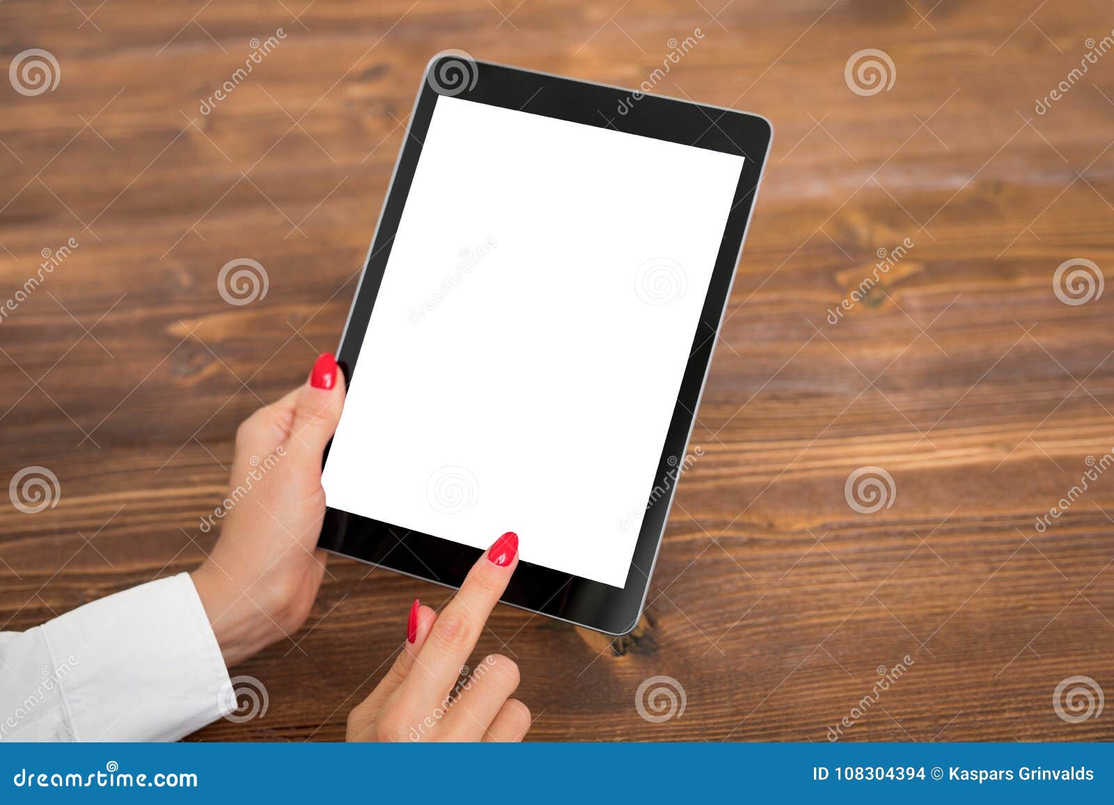 person using tablet with empty blank screen, vertical orientation