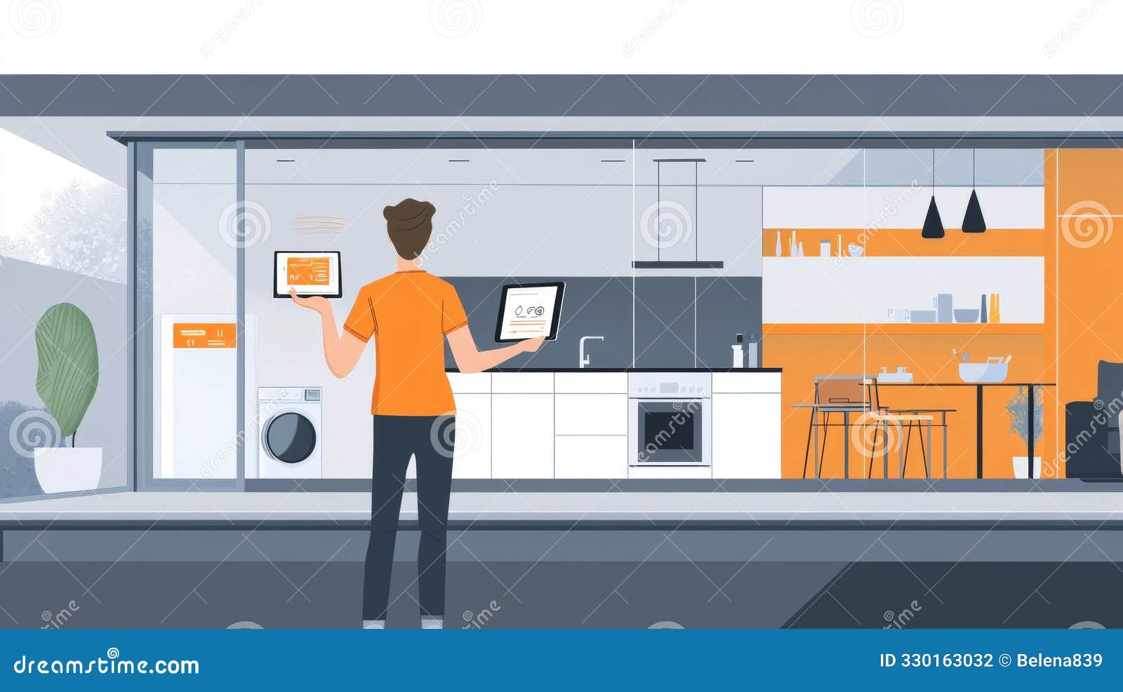 person using a tablet to control smart home devices in a modern kitchen. minimalistic graphic style. indoor setting