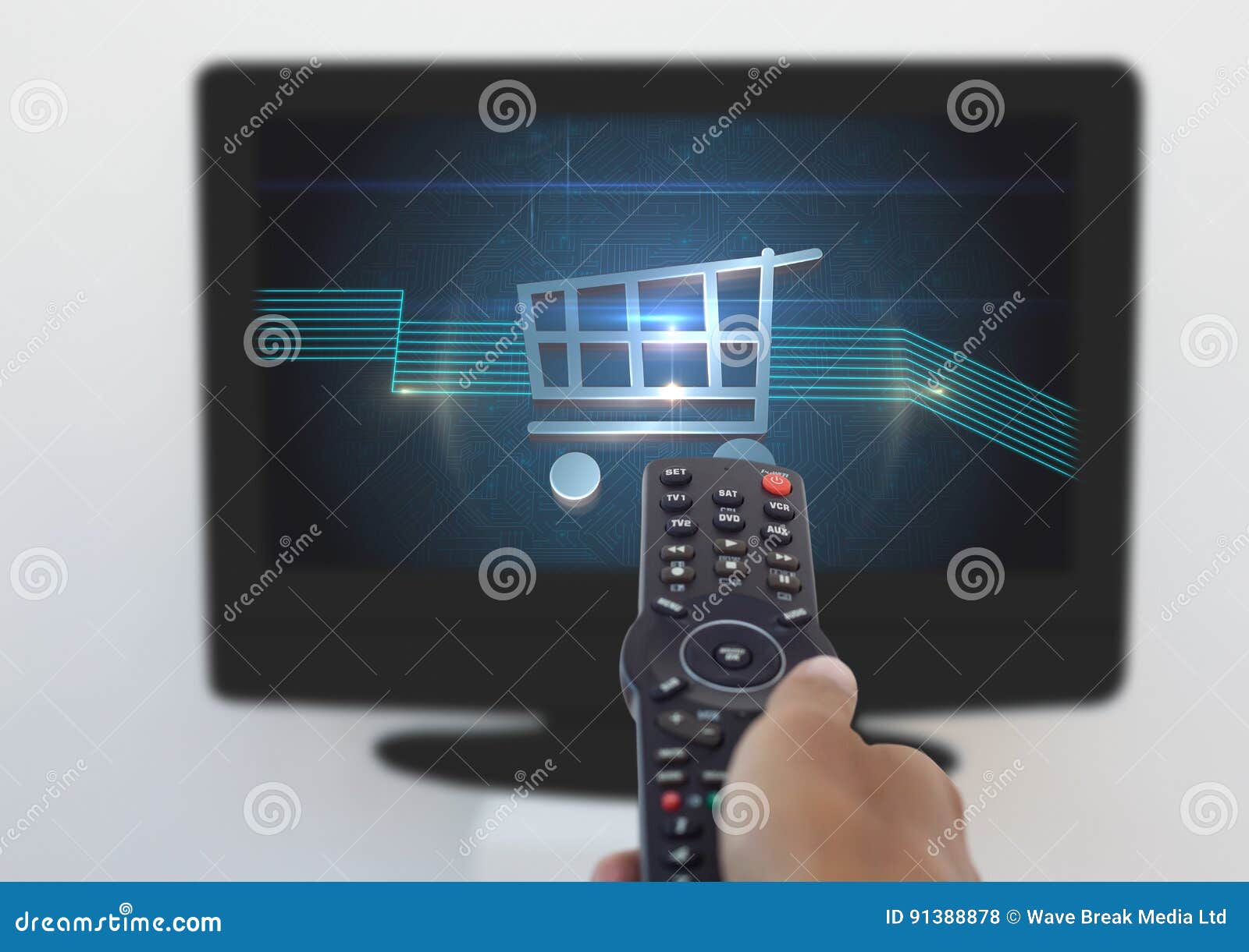 Person Using Tv Remote with Shopping Trolley Icon Stock Photo Image
