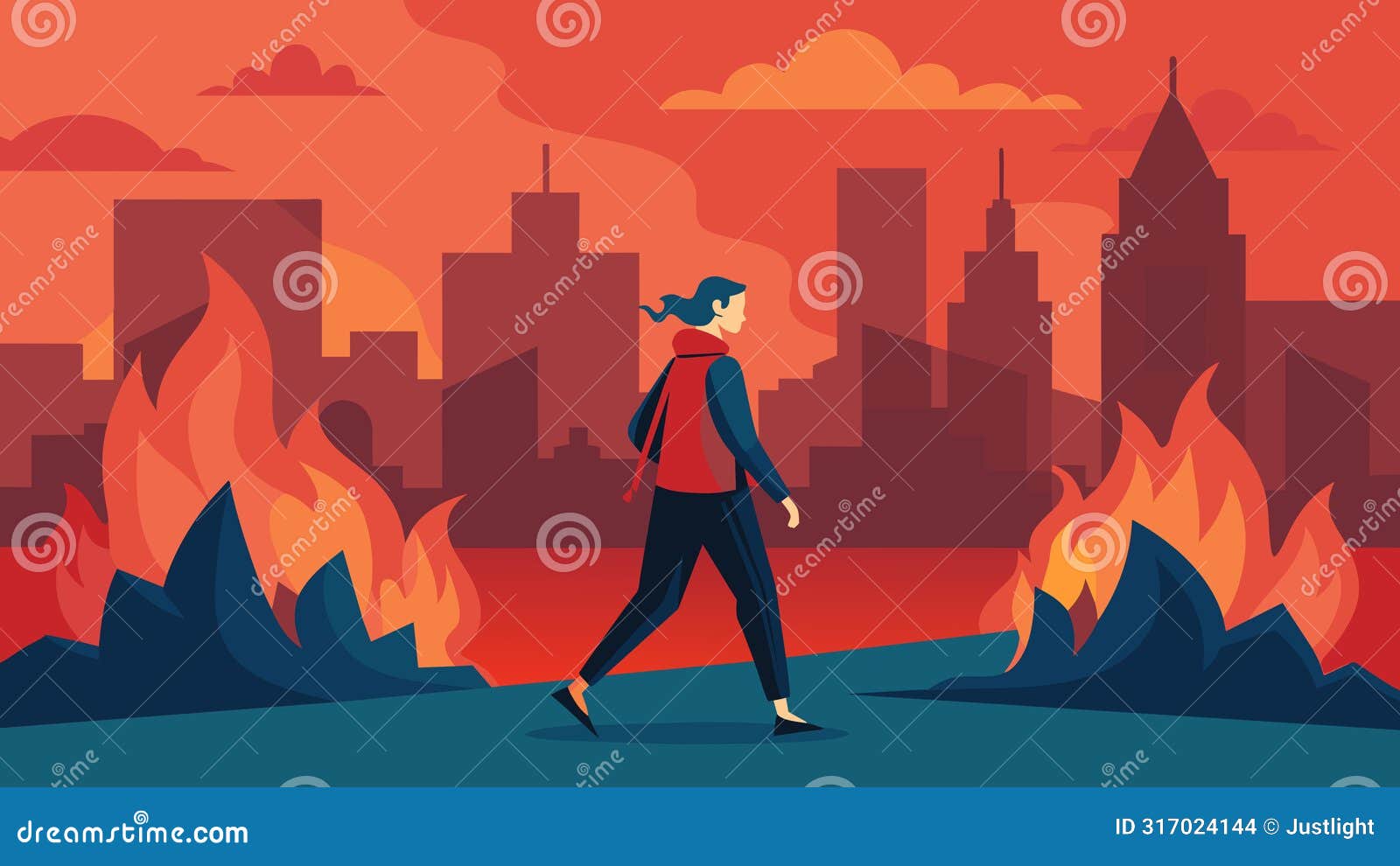 a person walking away from a burning city representing the stoic ability to detach from external circumstances.. 