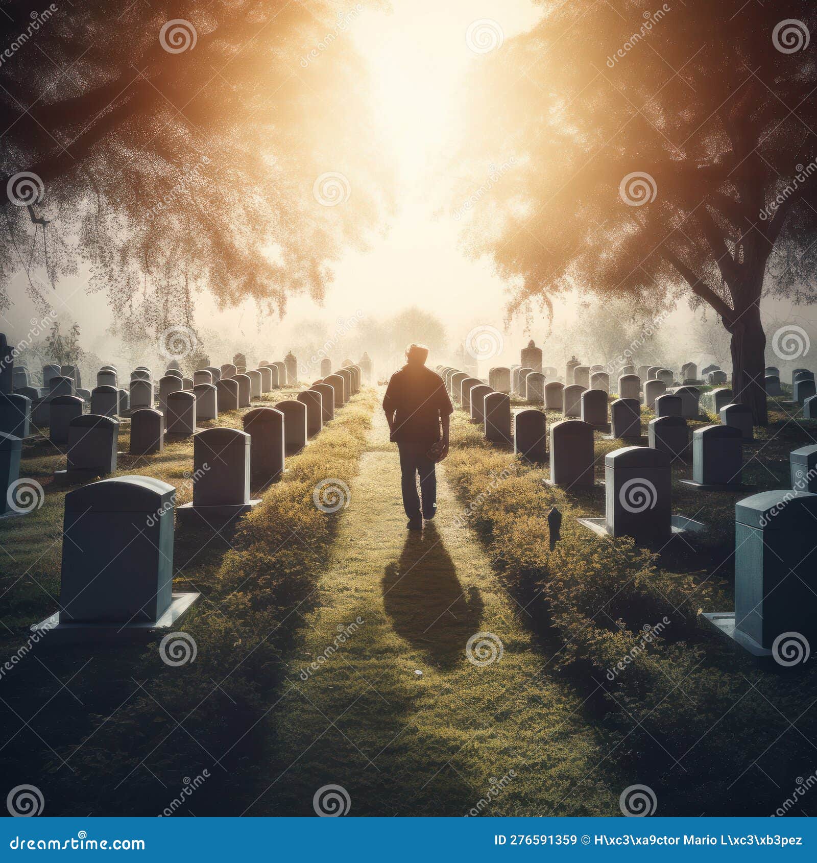 person walking through a cemetery