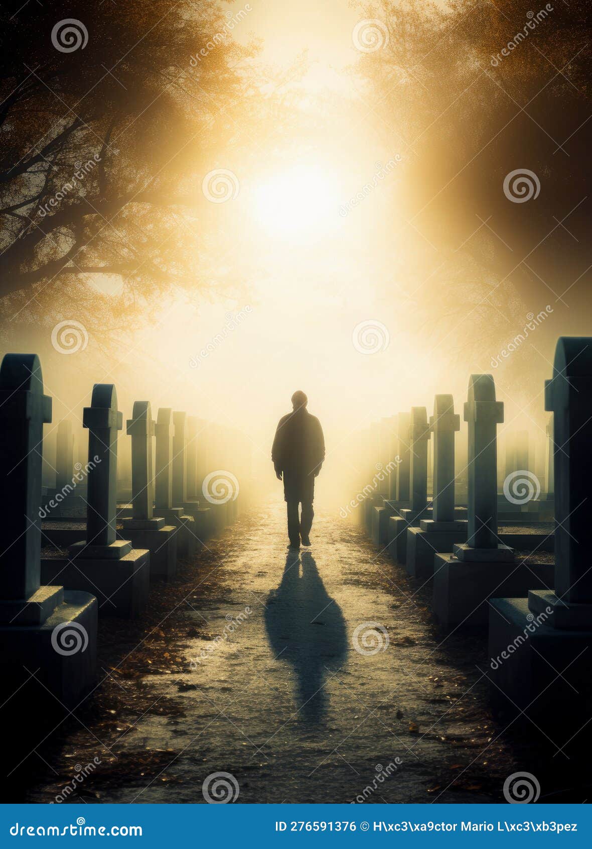 person walking through a cemetery