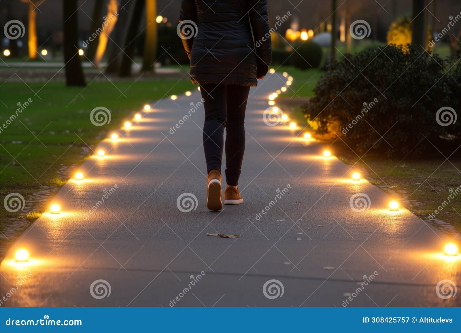 person walking on pathway with led lights lining the sides