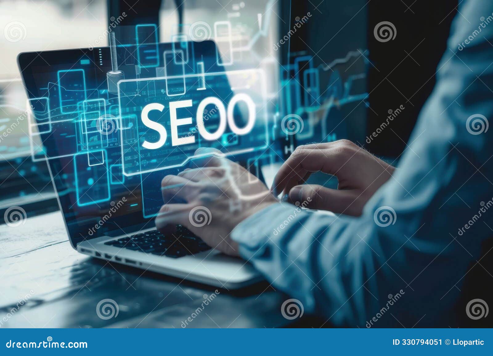 person working on seo strategy on a laptop, analyzing data and optimizing website performance in a professional setting