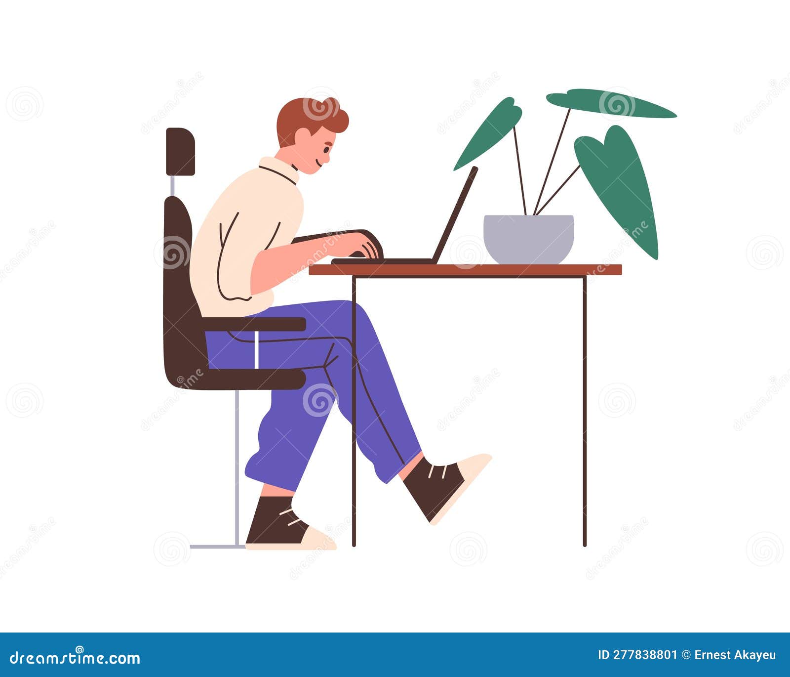 Persona Trabaja En Un Ordenador Portátil En El Escritorio. Un Hombre Feliz  Sentado En La Silla En La Mesa De La Oficina Trabajando Ilustración del  Vector - Ilustración de perfil, cuaderno: 277838801