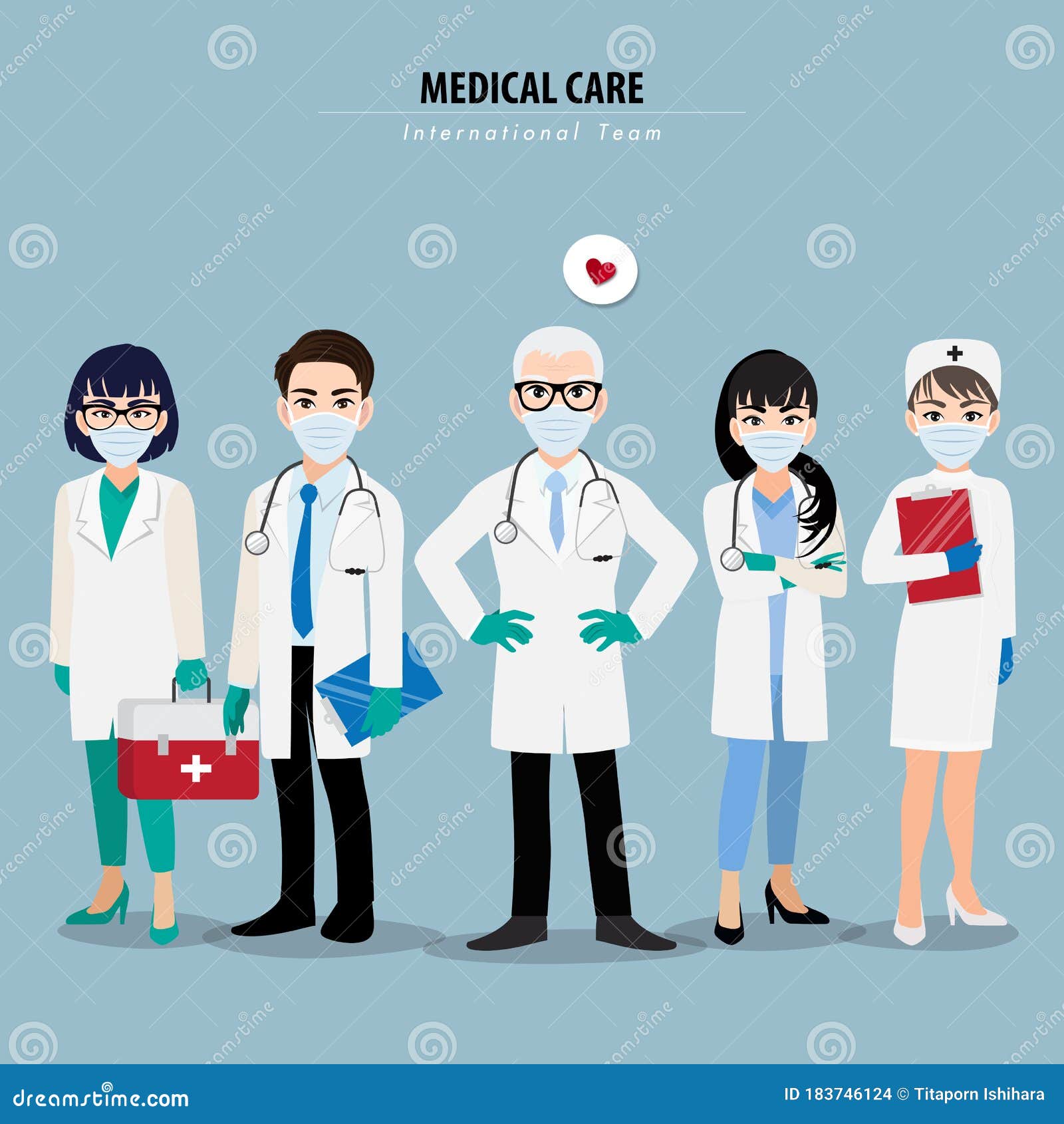 Ilustração dos desenhos animados da equipe de equipe médica do hospital,  personagens de médicos e enfermeiros.