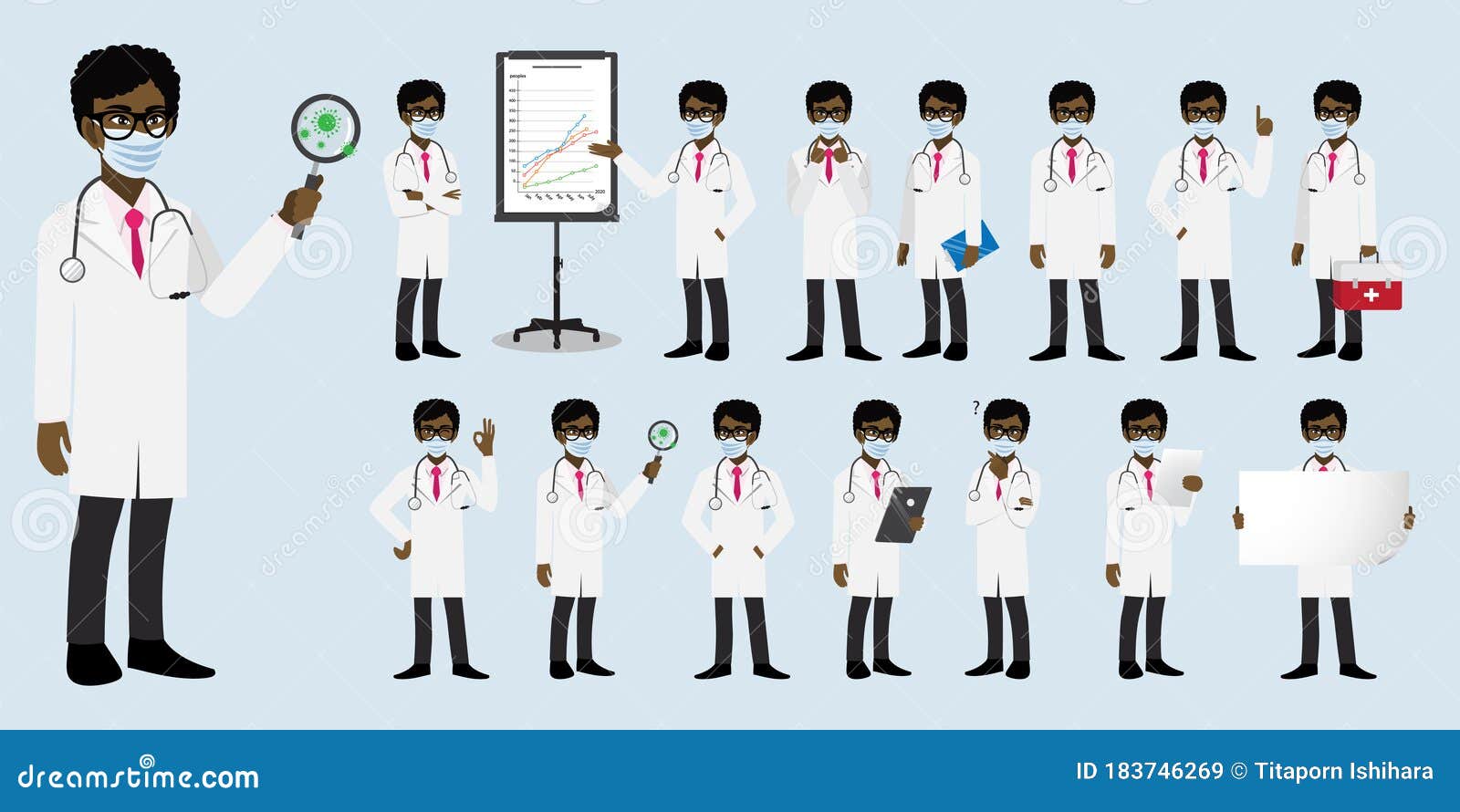 conjunto de personagens de desenhos animados de médica, médica africana  americana em poses diferentes, trabalhador médico