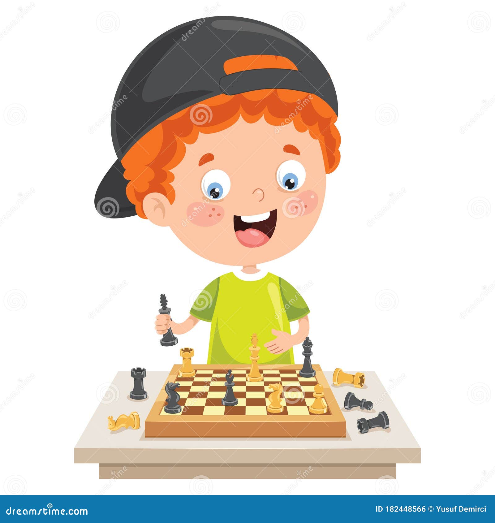 Ilustração plana de xadrez engraçado dos desenhos animados jogar xadrez.  personagem de vista frontal com letras. jogador de homem ponderando uma  jogada.