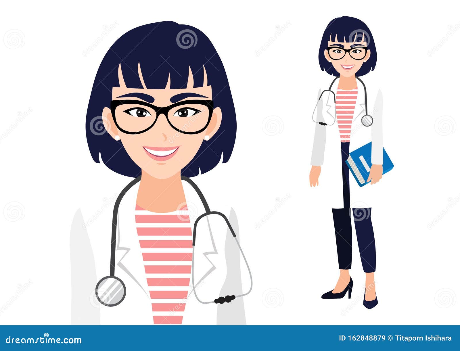 Uma médica em um fundo branco desenho de desenho animado