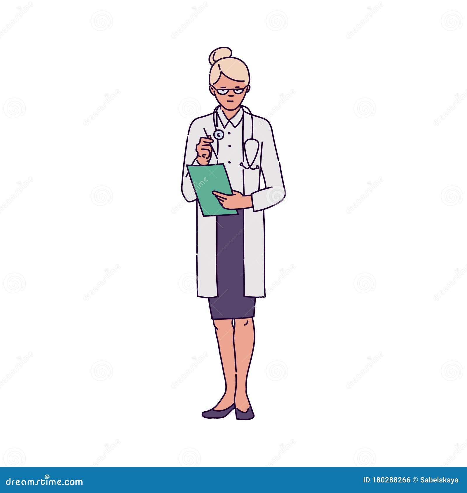 Um personagem de desenho animado médico feminino em fundo branco