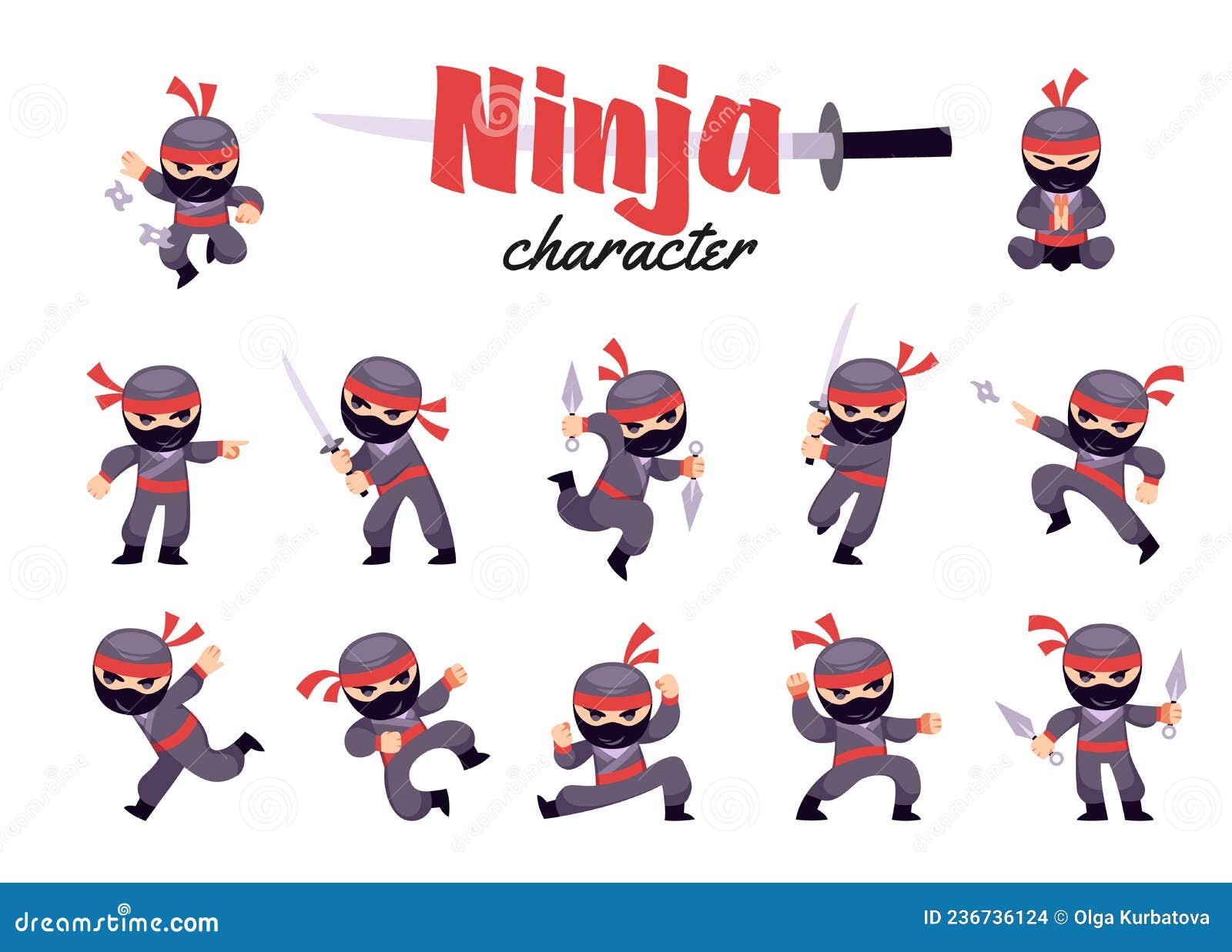 Ninja fofo está chutando em vetor de desenho animado