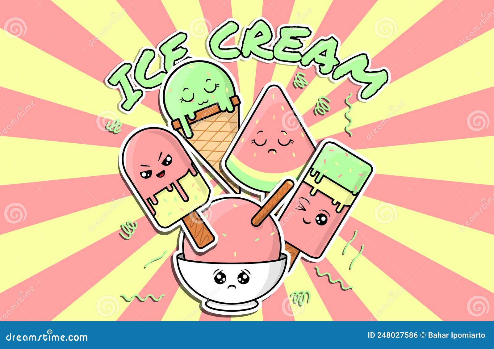 Conjunto de personagens fofinhos de sorvete com expressões faciais