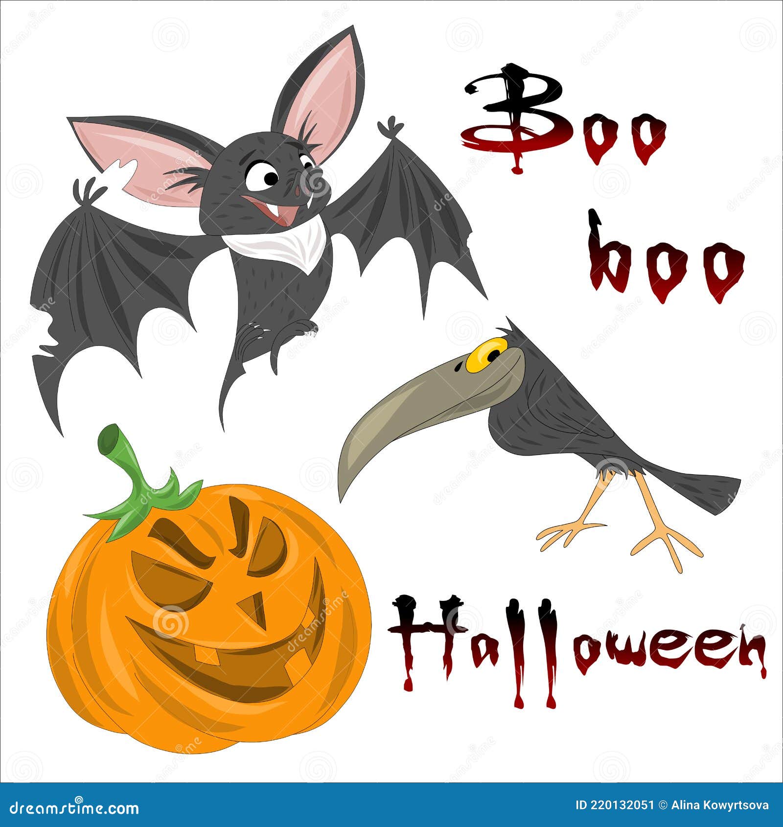 Elementos de desenho animado de halloween e letras boo