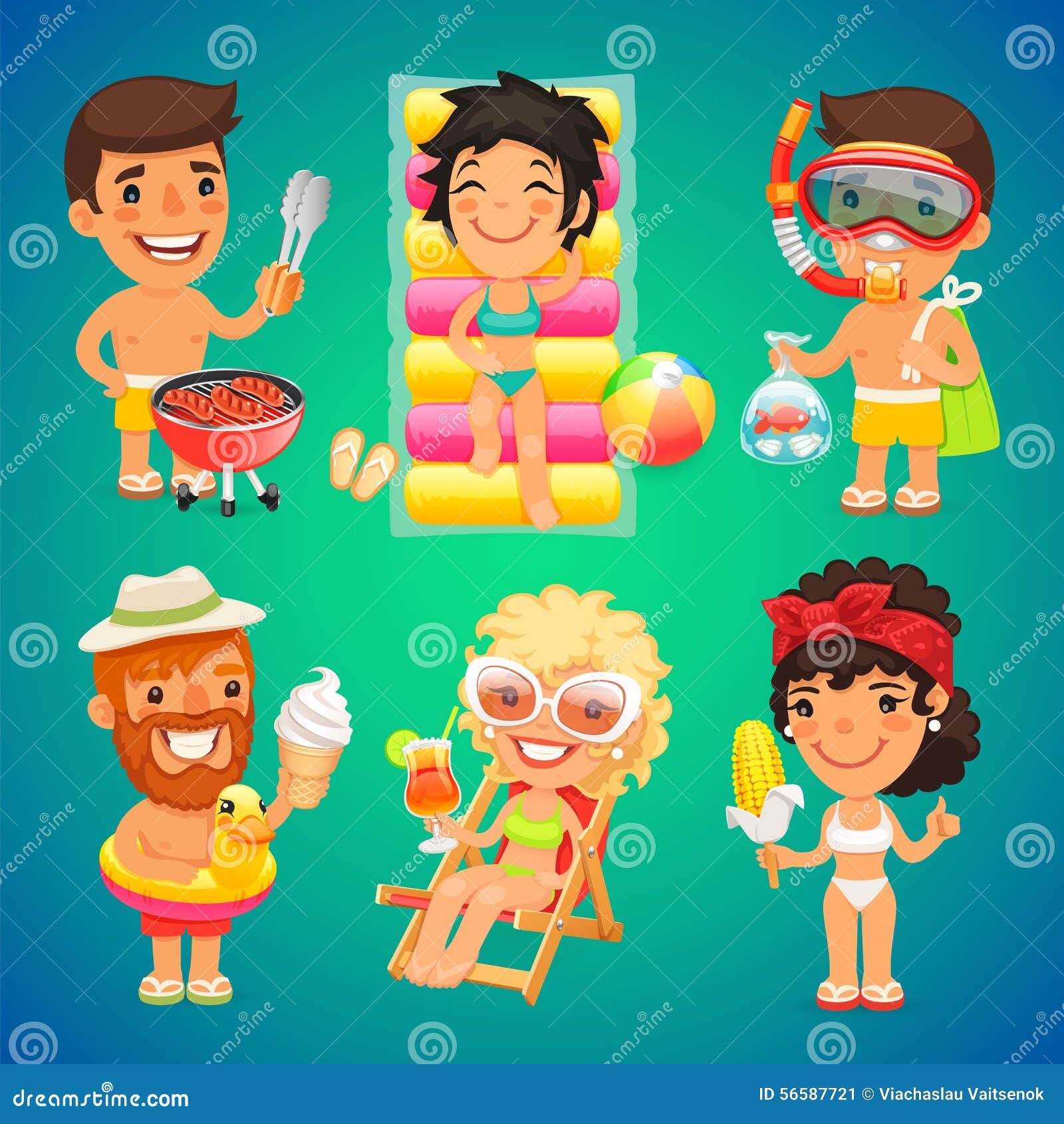 Personaggi Dei Cartoni Animati Felici Sulla Spiaggia Illustrazione Vettoriale Illustrazione Di Ragazza Cute