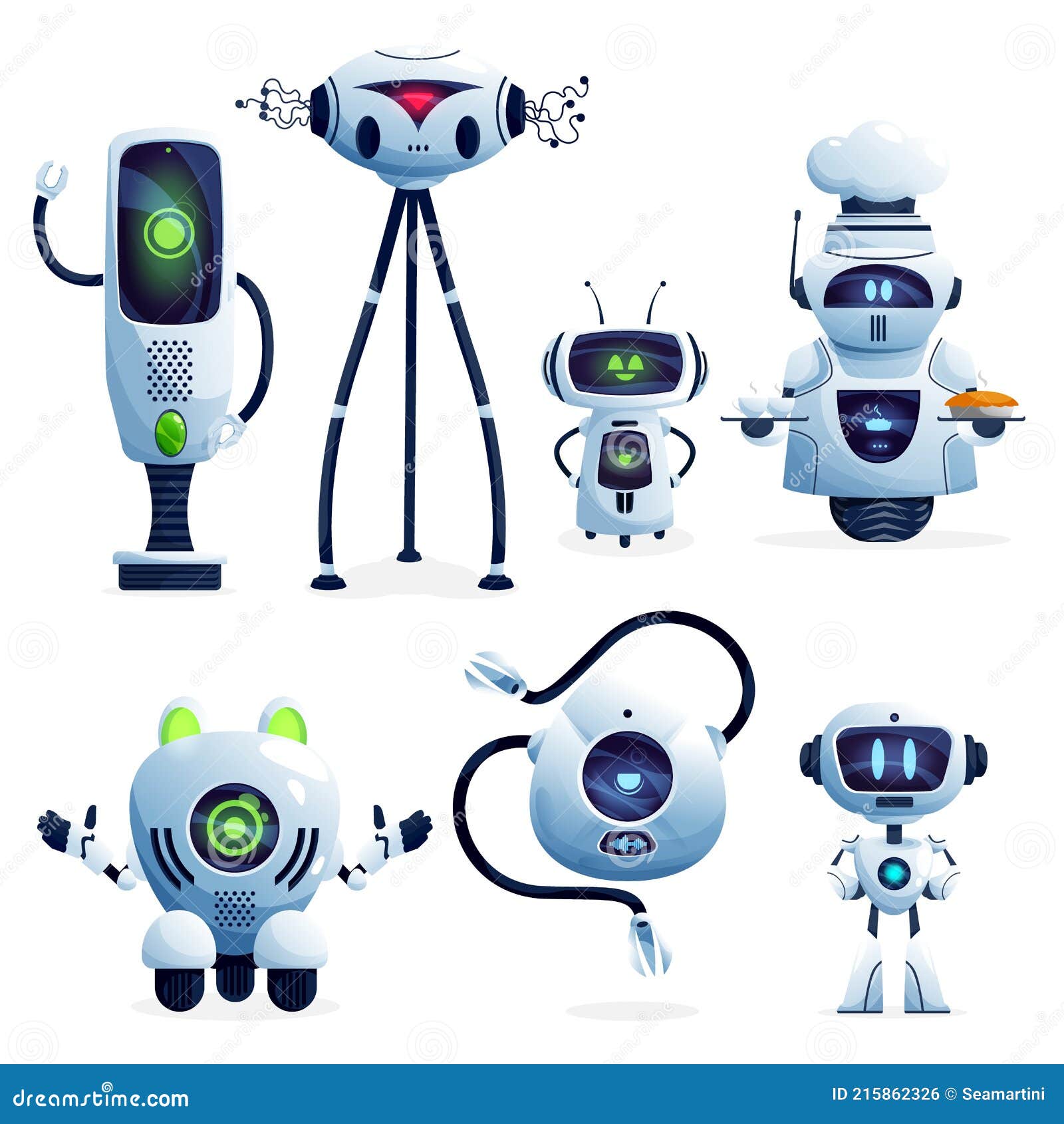 Personaggi Di Cartoni Animati Di Macchine Robotiche Bianche Ai Robot  Illustrazione Vettoriale - Illustrazione di innovazione, faccia: 215862326