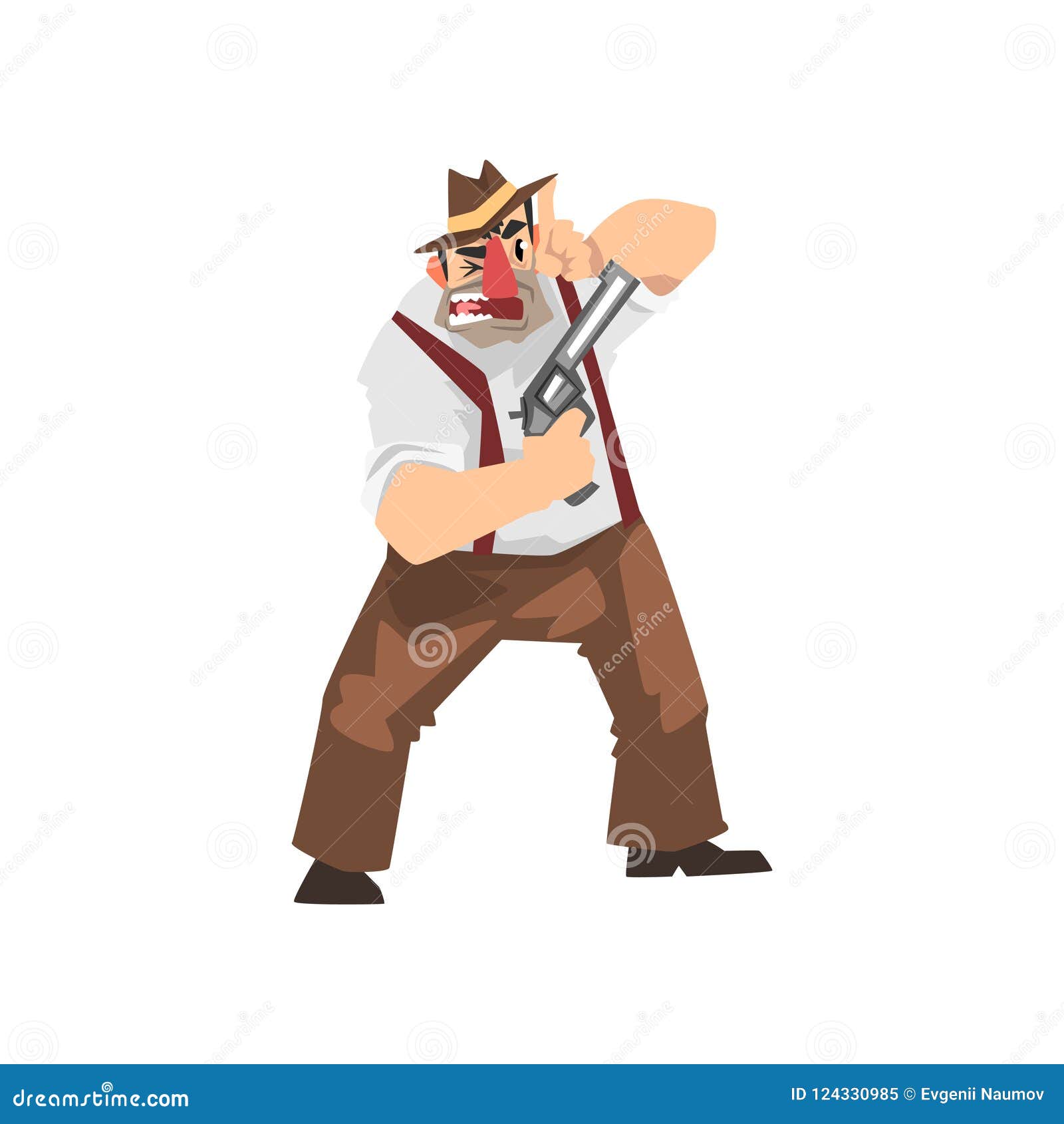 Personaje De Dibujos Animados Criminal Del Gángster En Sombrero Del  Sombrero De Ala Con El Ejemplo Del Vector Del Arma En Un Fond Ilustración  del Vector - Ilustración de detective, pandillero: 124330985