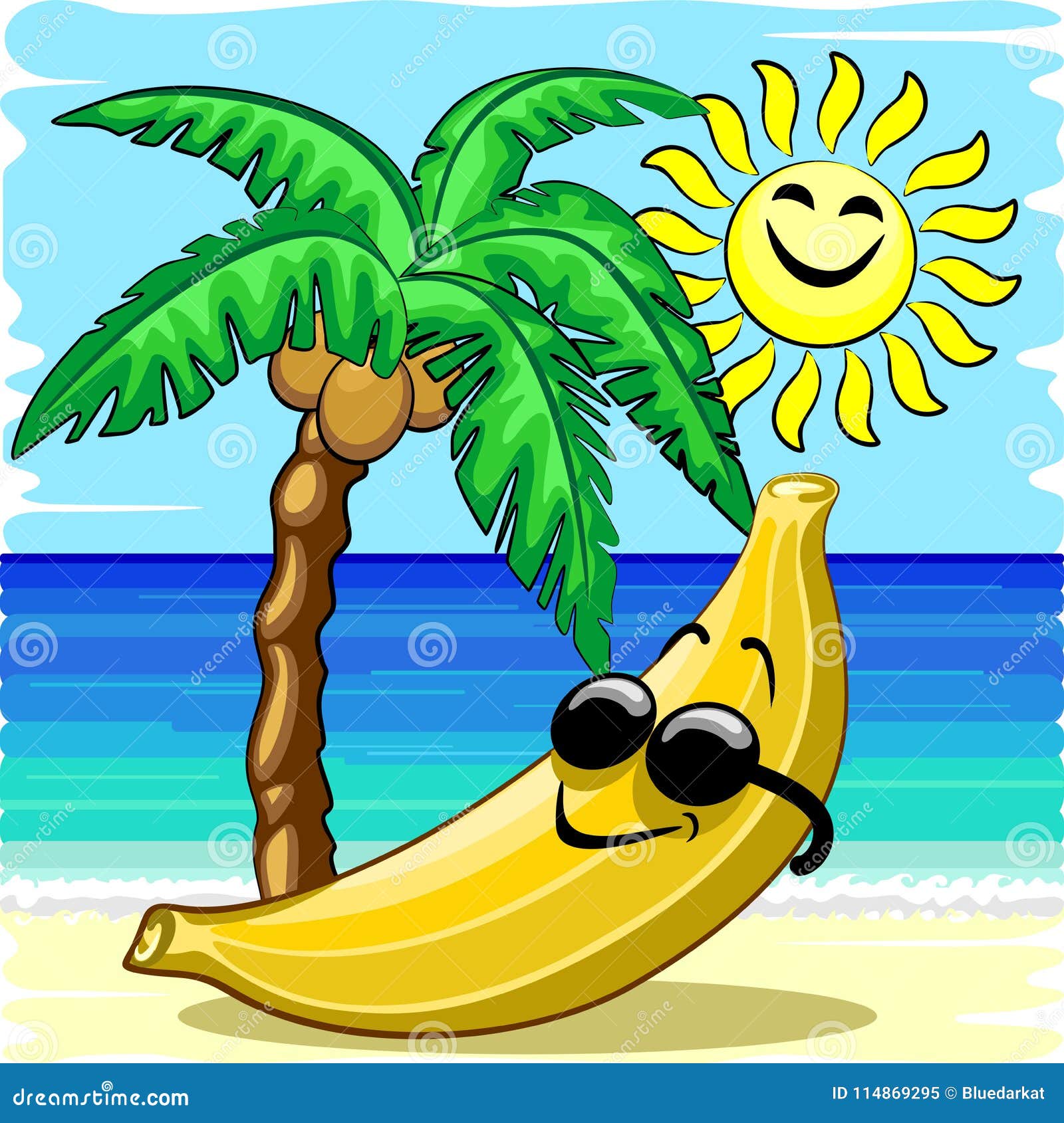 Personaje De Dibujos Animados Feliz Desapasible Del Verano Del Plátano  Ilustración del Vector - Ilustración de fruta, arena: 114869295