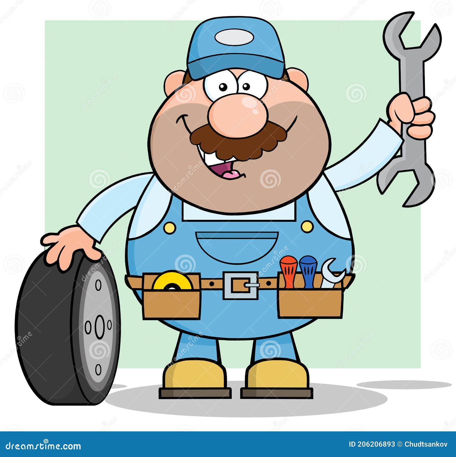 Personaje De Dibujos Animados Mecánico Sonriente Con Neumático Y Llave  Enorme Stock de ilustración - Ilustración de mascota, ayuda: 206206893