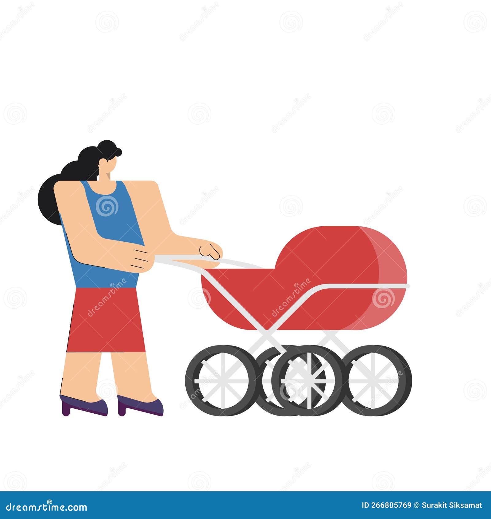 Personaje De Dibujos Animados Mujer Con Carrito De Bebé Coche De