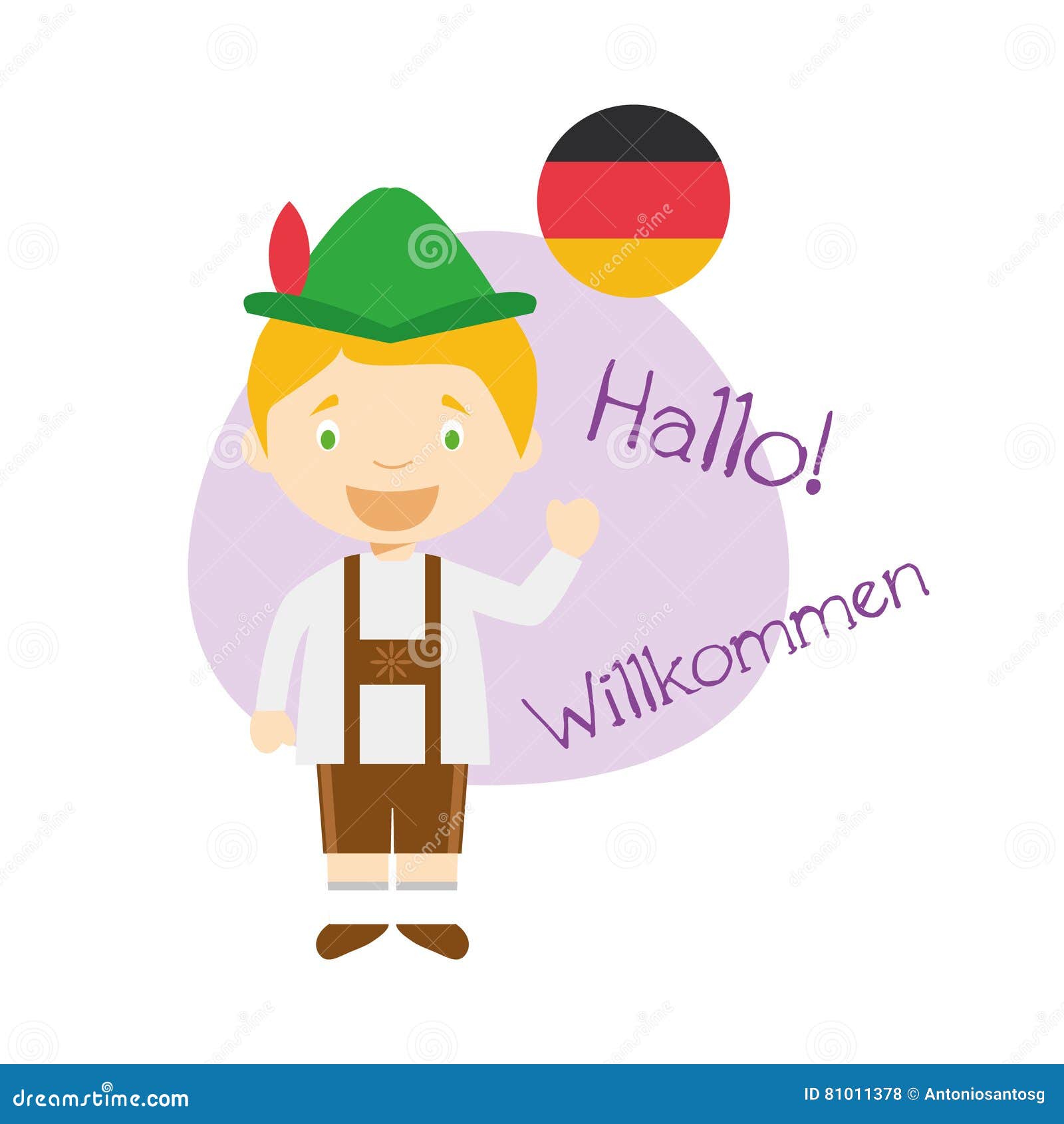 Personaje De Dibujos Animados Que Dice Hola Y La Recepción En Alemán  Ilustración del Vector - Ilustración de escuela, alemania: 81011378