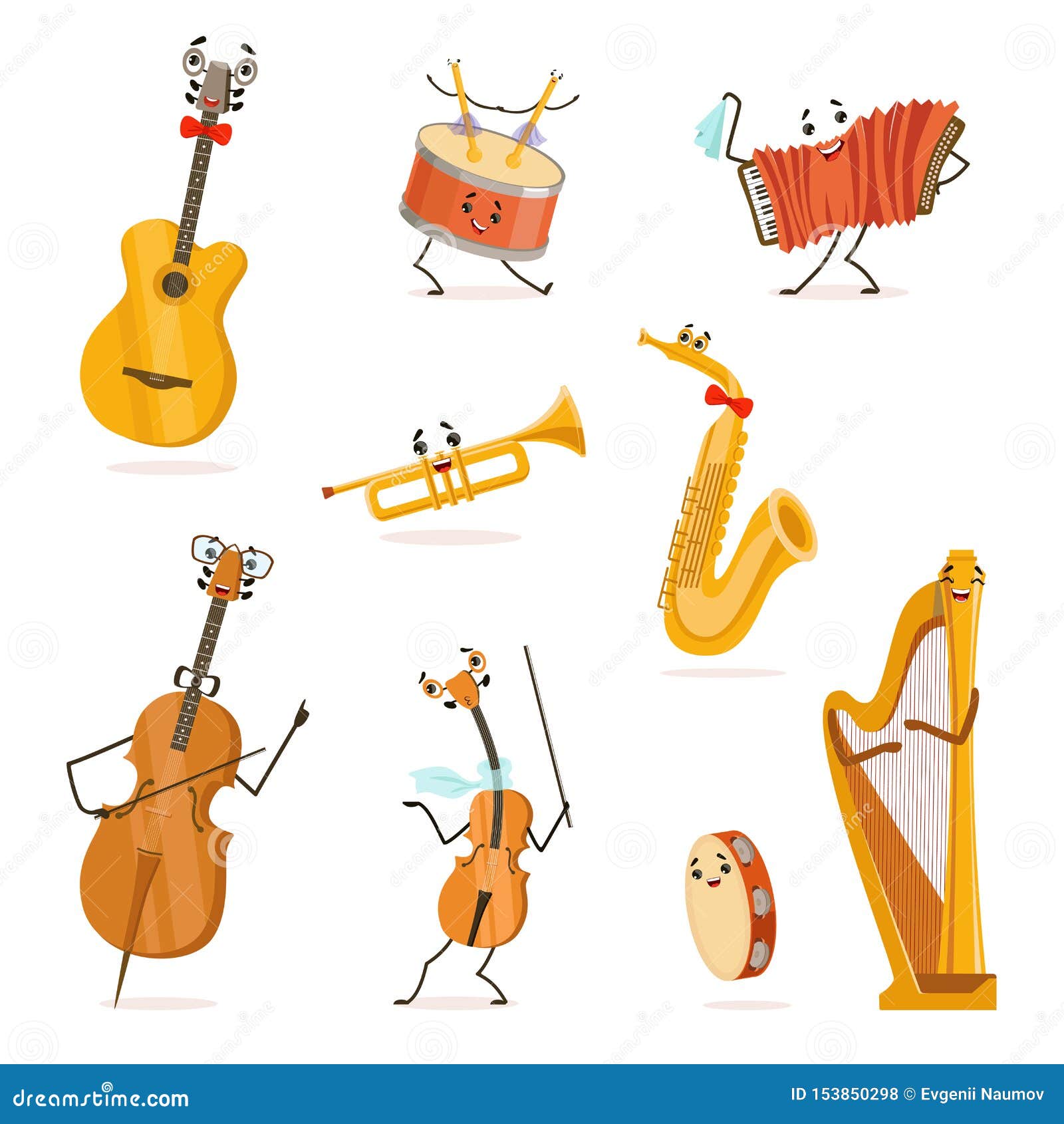 Personajes De Dibujos Animados Divertidos De Los Instrumentos Musicales Con  Las Caras Divertidas Sistema, Violoncelo, Saxofón, Tr Ilustración del  Vector - Ilustración de venda, musical: 153850298